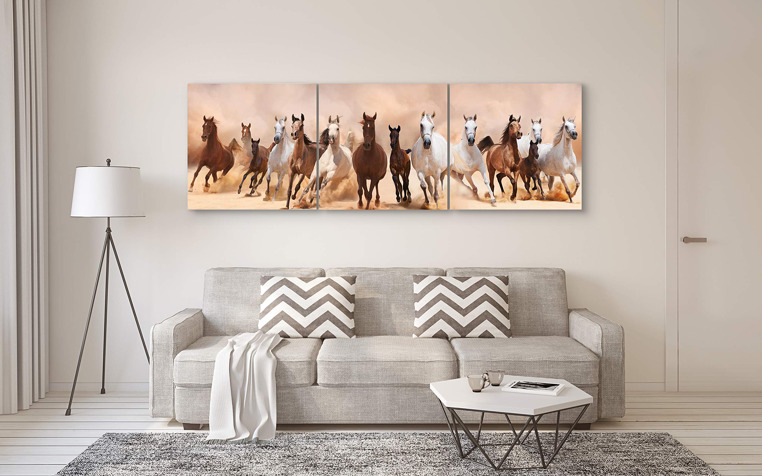 Canvas Wall Art Decor - 24x24 3 Piece Set (Total 24x72 inch)- Panoramic Galloping Horses - Large Decorative & Modern Multi Panel Split Canvas Prints for Dining & Living Room  Kitchen  Bedroom & Office