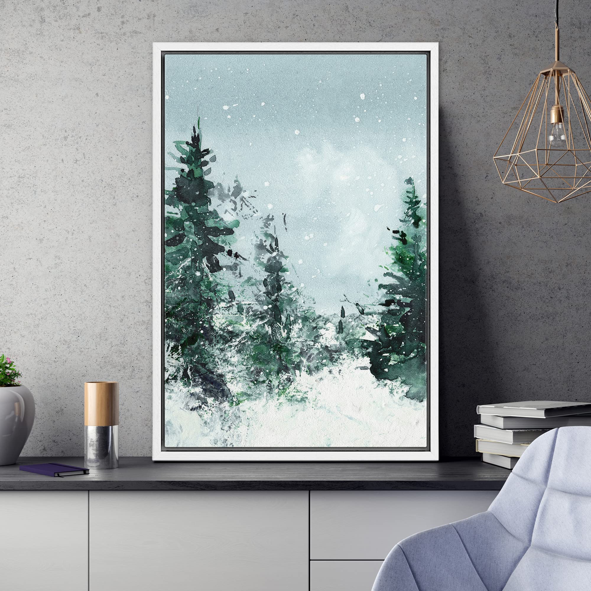 Signwin Framed Canvas Print Wall Art Woodland Nursery Decor Winter Snow Watercolor Pine Tree Forest Nature Modern Art Decorative