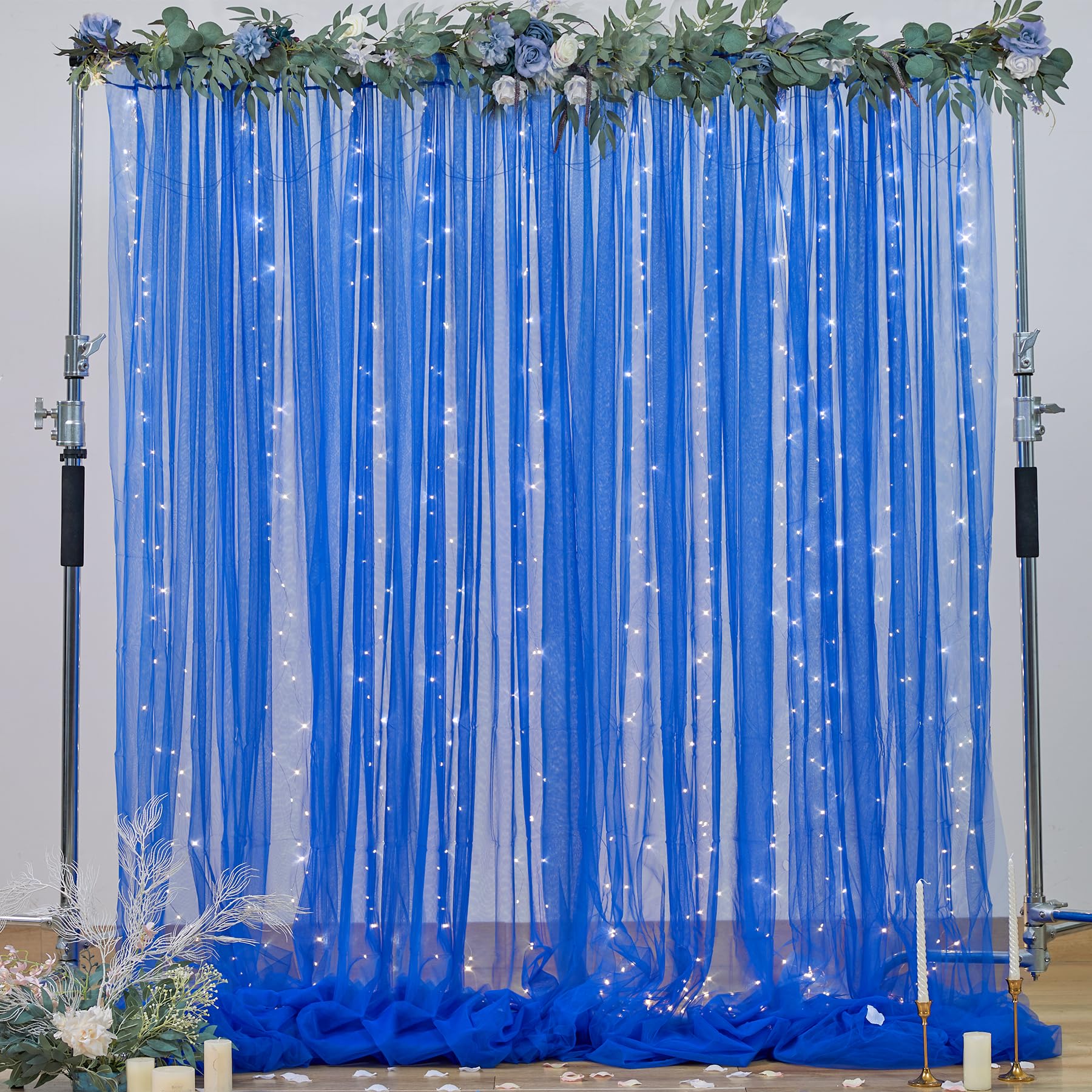 Royal Blue Backdrop Curtains with Lights String for Parites Wedding 10  8ft Sheer Tulle Backdrop Curtain for Graduation Ceremony
