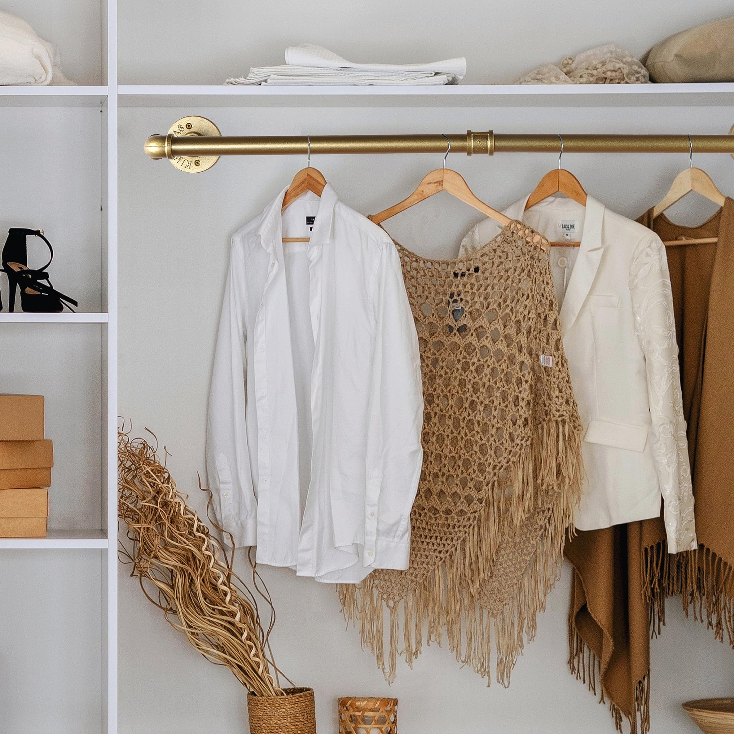 Addgrace 2 Pack Clothes Rack Gold Wall Mounted Industrial Pipe Clothing Rack Heavy Duty Clothes Rack For Hanging Clothes Multi-P