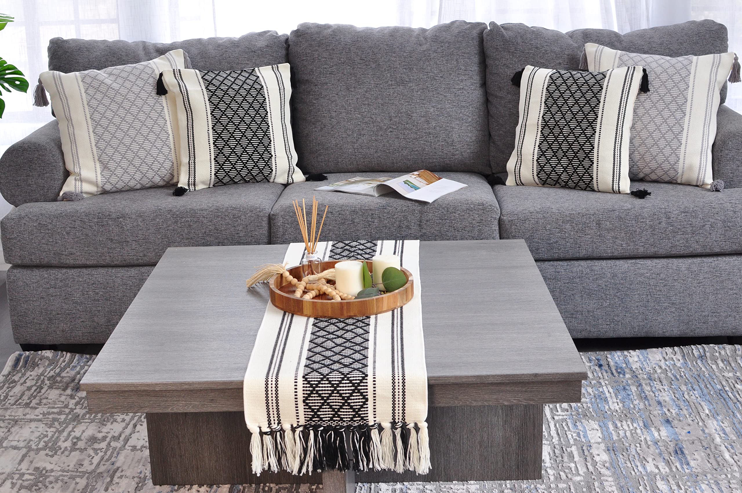 Boho Table Runner With Fringe 14 X 90 Inches, Black & Cream | Woven Washable Console Tabletop Runner / Dresser Scarf, Farmhouse