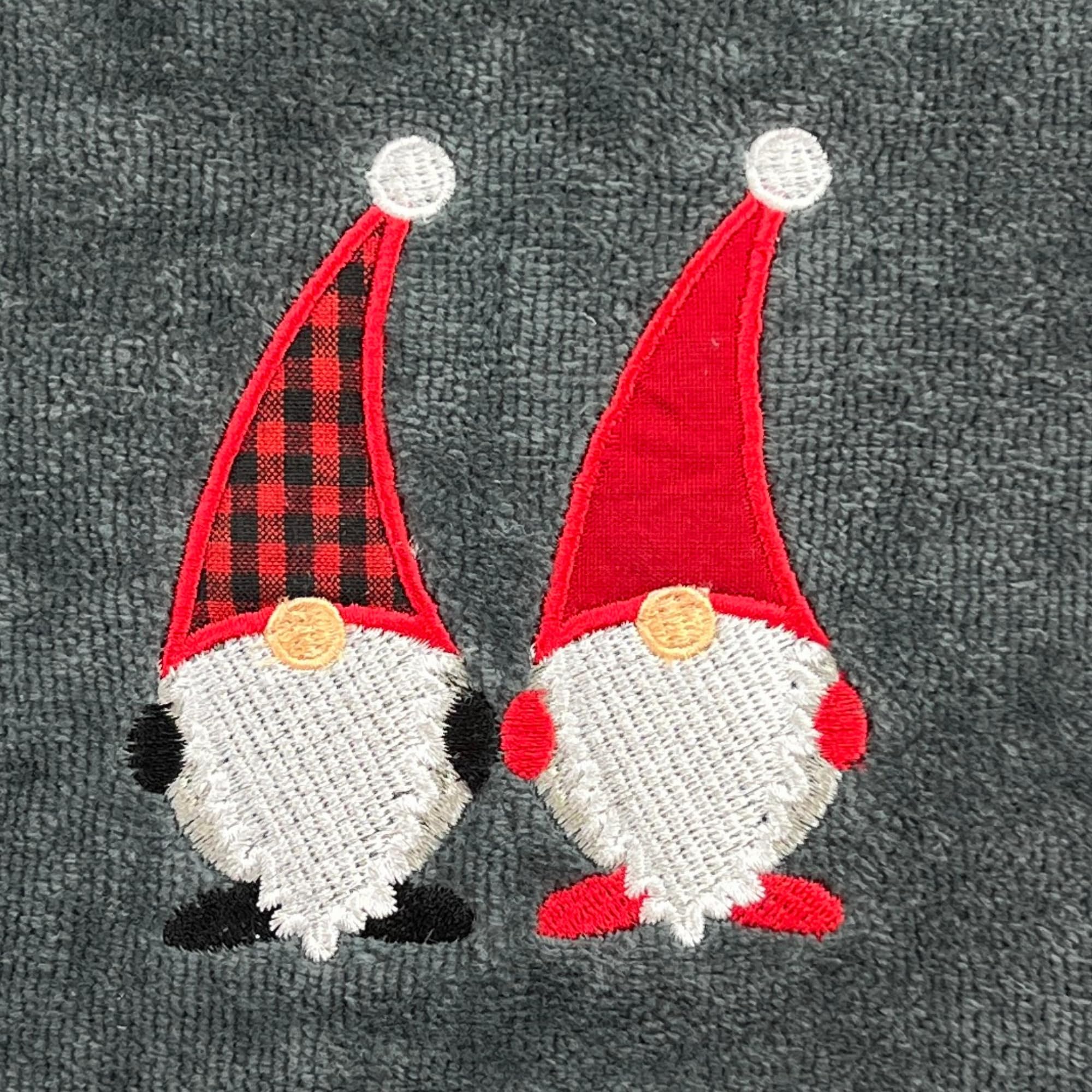 Christmas Gnomes Towel Set: Dark Grey Hand Towels With Red White Embroidery Jolly Nordic Gnome, Set Of 2