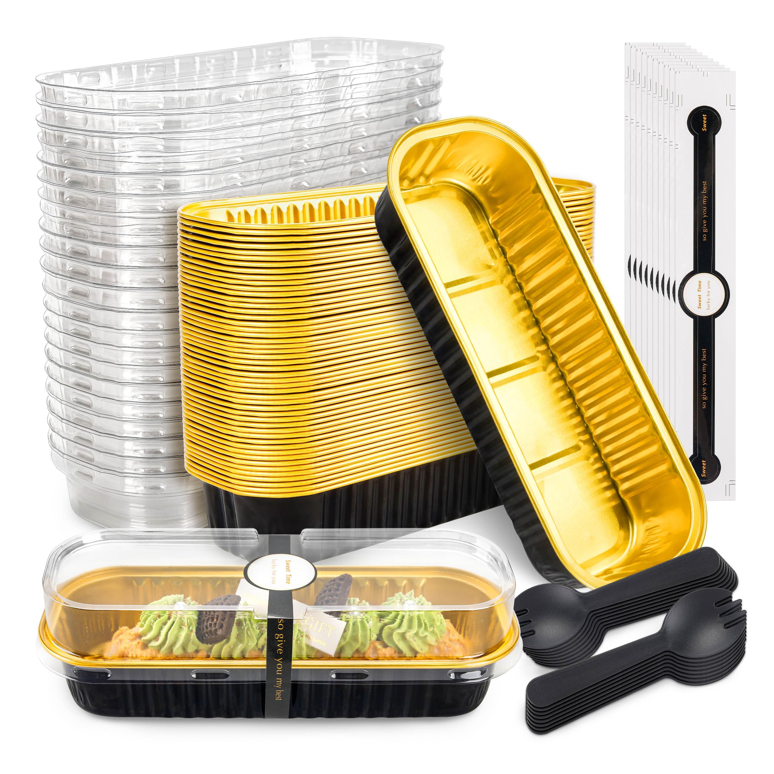 NPLUX 50 Pack Mini Cake Pans with Lids and Spoons Black Gold Rectangular Aluminum Foil Baking Pans Mini Cheesecake Containers(6.