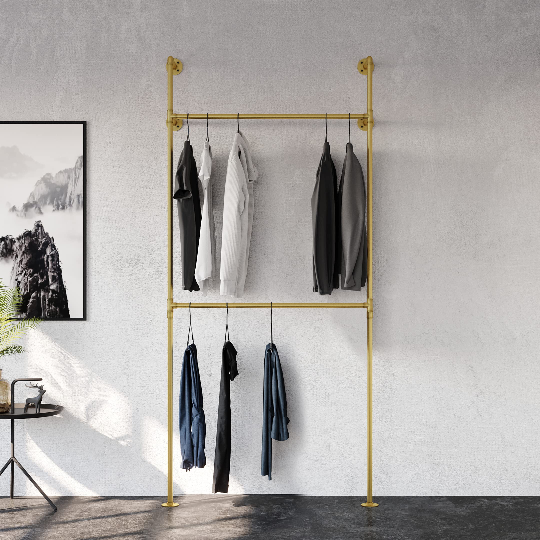 Pamo Industrial Pipe Clothing Rack Metal Gold - Wall Mounted Clothes Racks For Hanging Clothes - Modern Walk In Closet - Kim I D