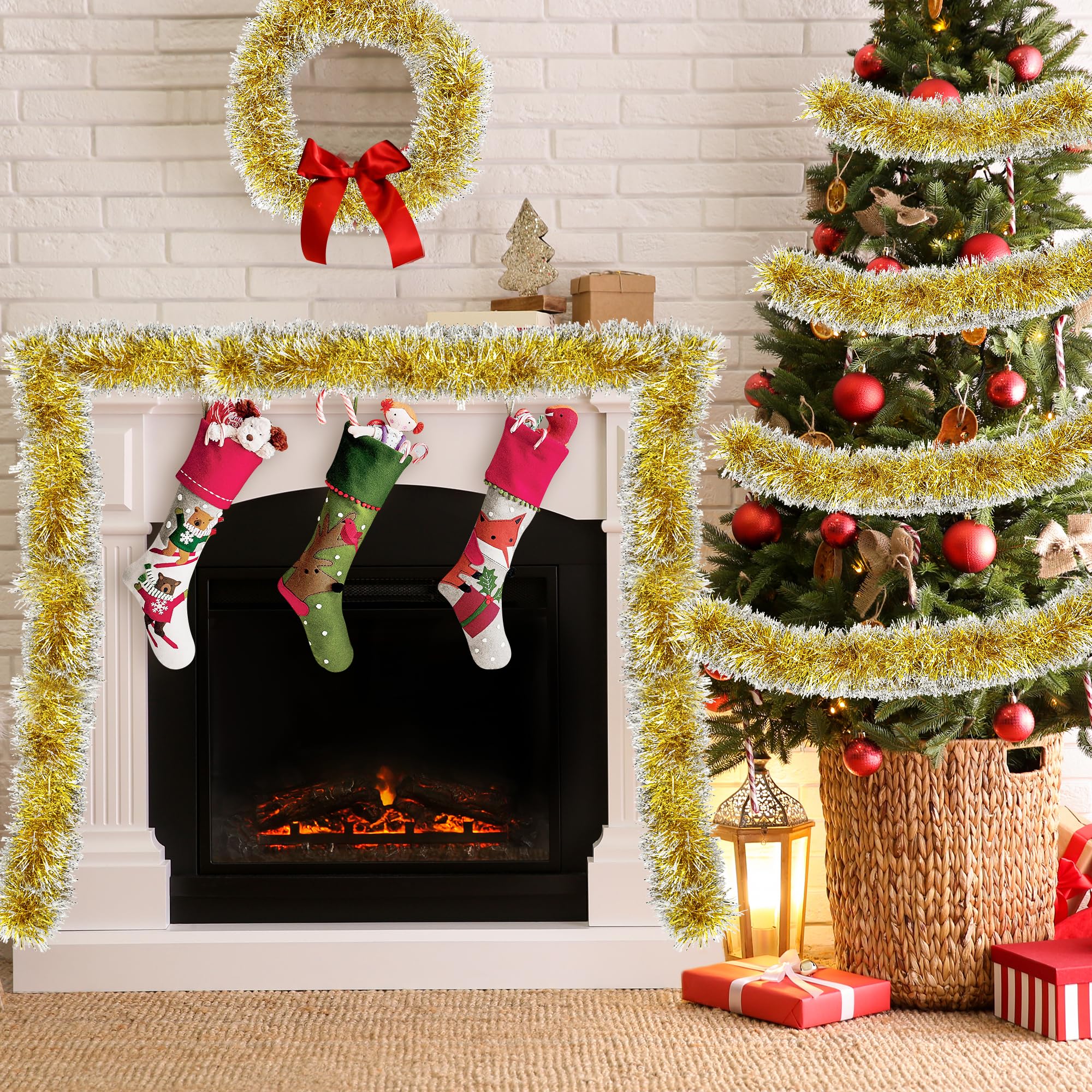 50FT Christmas Tinsel Garland Gold Metallic Twist Xmas Frosted Tip Hanging Garland for Christmas Tree Decoration Indoor Outdoor