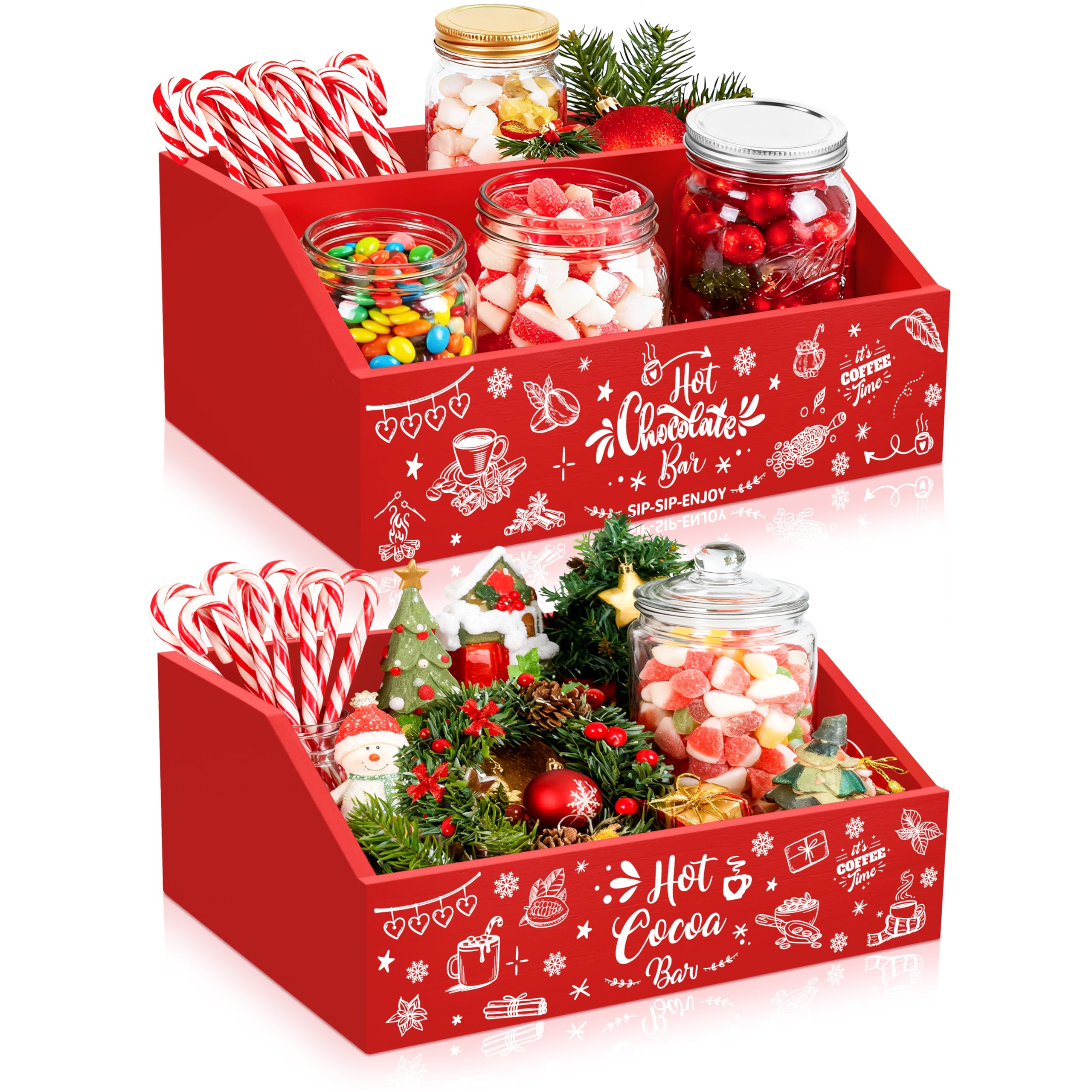 QIKSION 2 Pcs Christmas Hot Cocoa Bar Wood Storage Box Hot Chocolate Decorative Box Double Layer Wooden Storage Bins for Home Ki