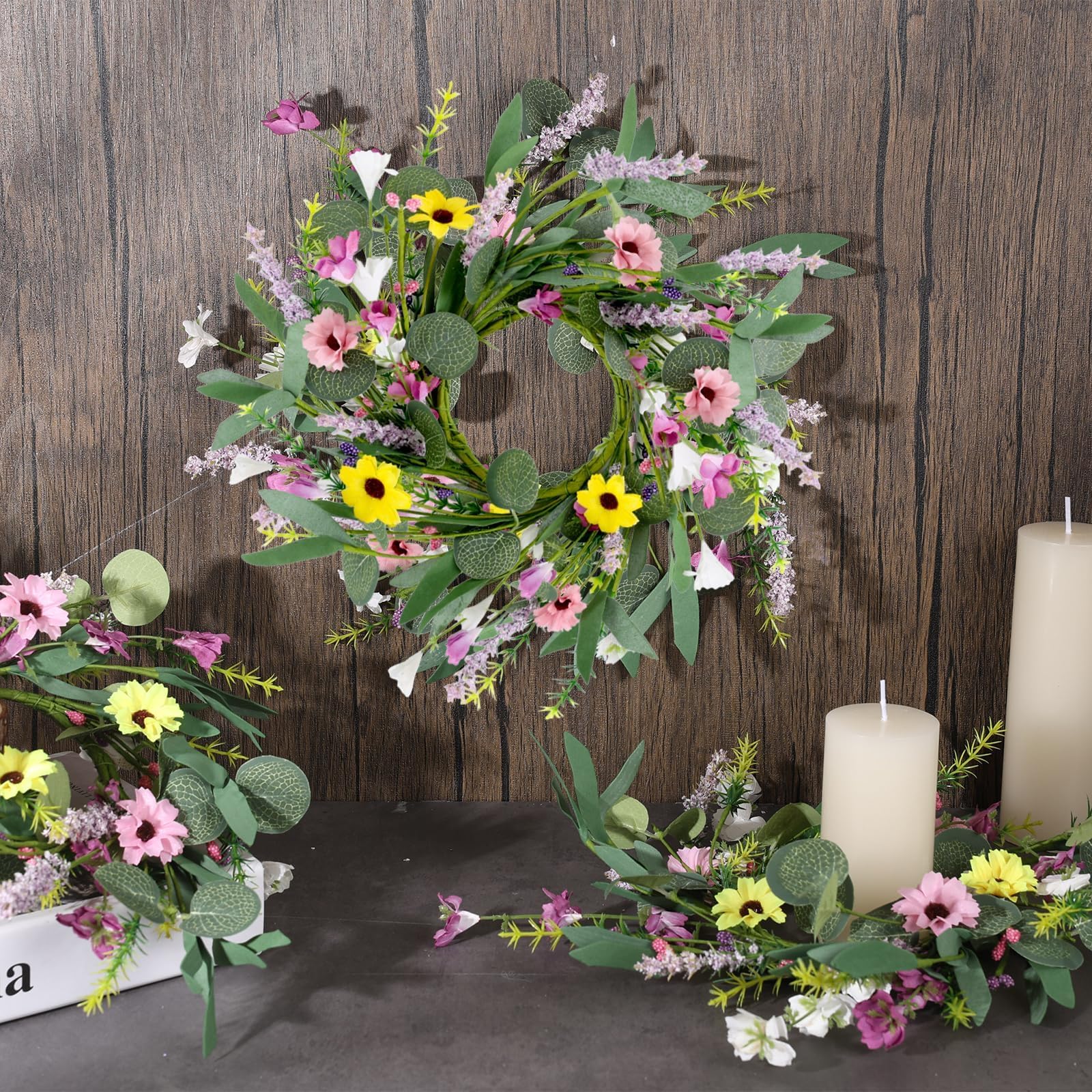 12 Pcs Spring Summer Artificial Flowered Wreath Mini Floral Wedding Candle Rings Wreaths Pillar Candle Holder for Wedding Spring
