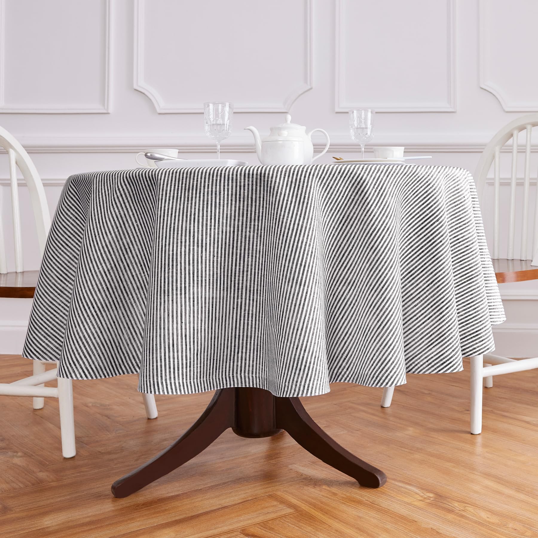 Solino Home Stripe Linen Round Tablecloth - 100% Pure Linen Black And White Tablecloth 70 Inch Diameter For Spring, Easter - Han
