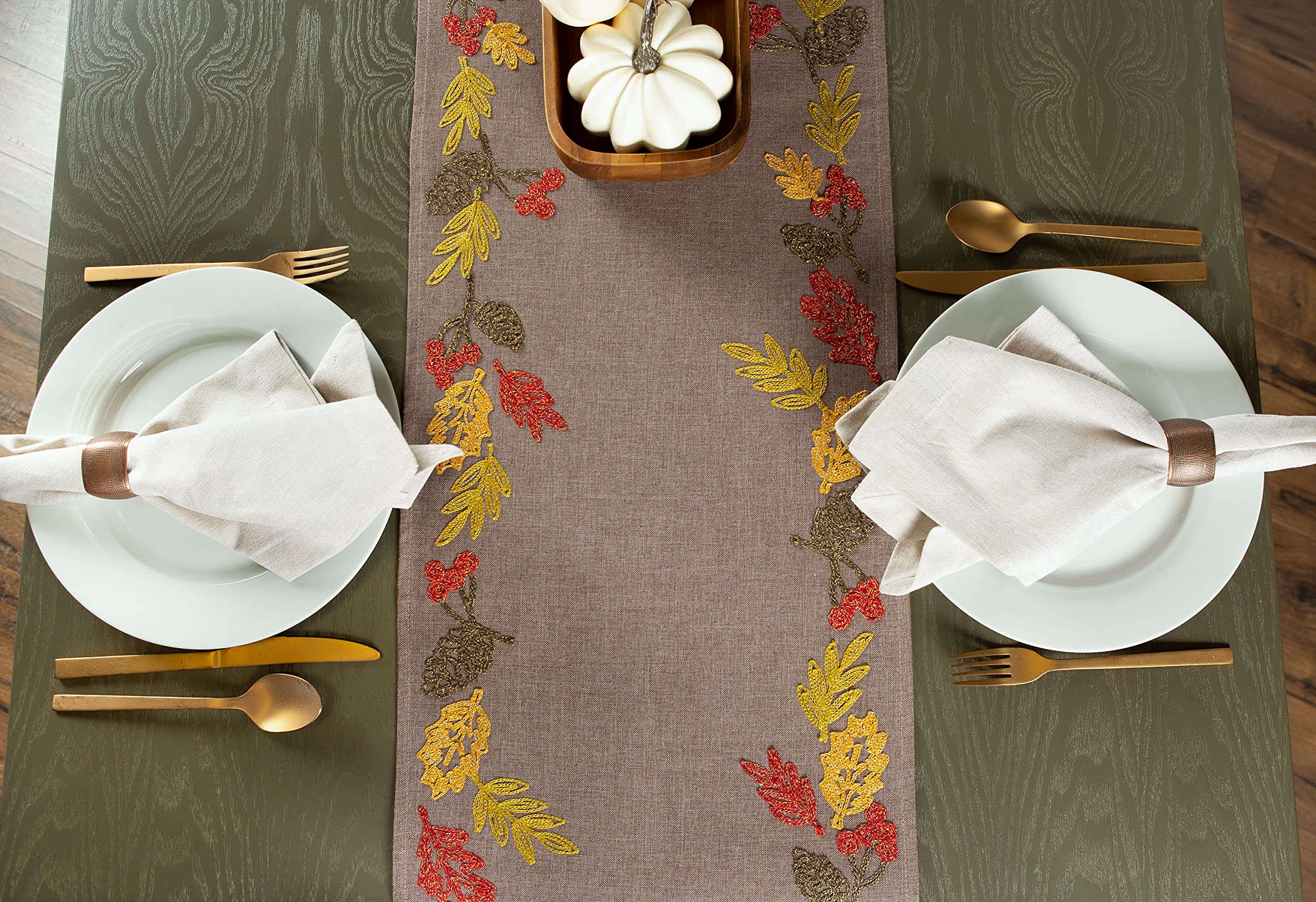 Dii Fall Table D  Cor Embroidered Tabletop For Thanksgiving Dining, Table Runner, 14X108, Shimmering Leaves