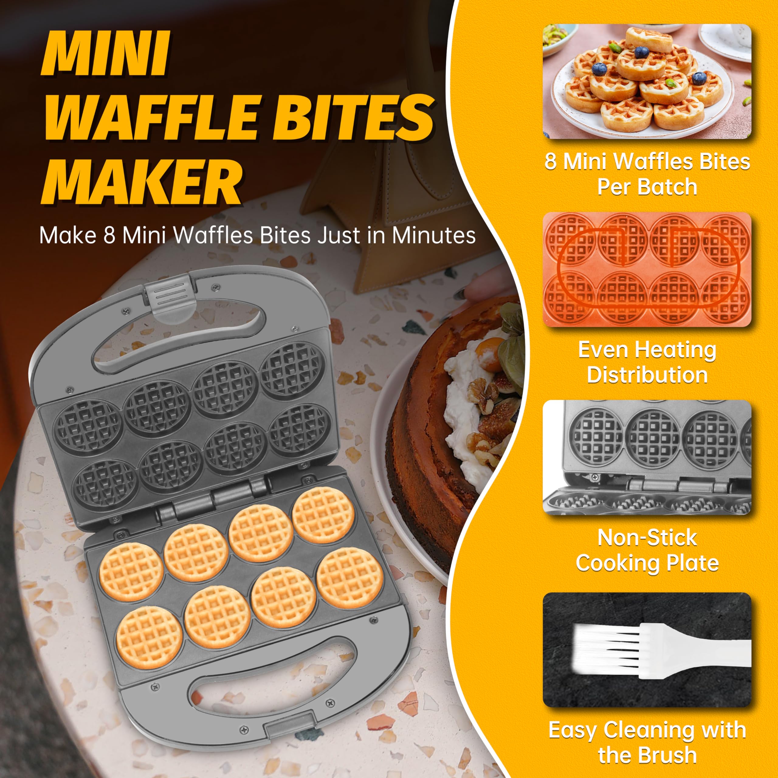 Finemade Mini Waffle Maker Machine, Small Waffle Bites Maker For Kids, Makes 8 X 2    Tiny Waffle Bites, Ideal For Breakfast, Sn