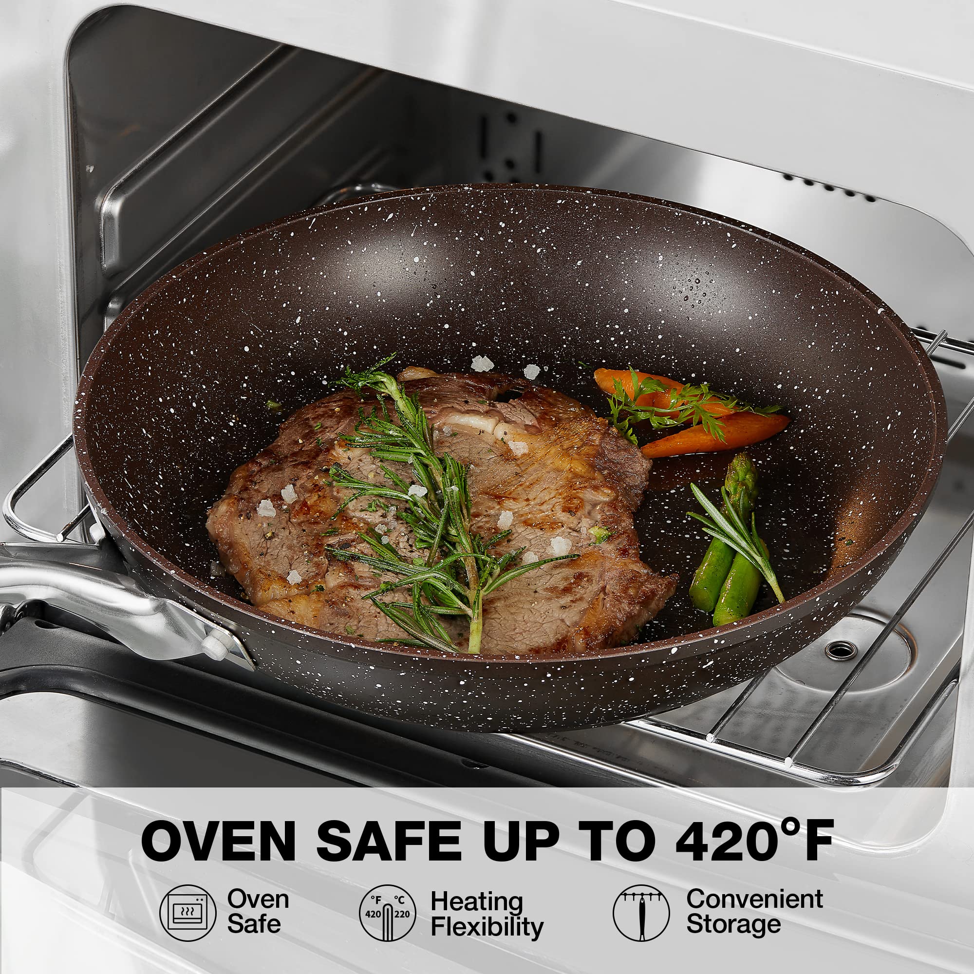 HLAFRG 12 Inch Nonstick Frying Pan with Lid  Brown Marble Skillet with Stone-Derived Coating  APEO & PFOA Free  With Heat-Resistant Handle  Oven Safe and Induction Compatible?