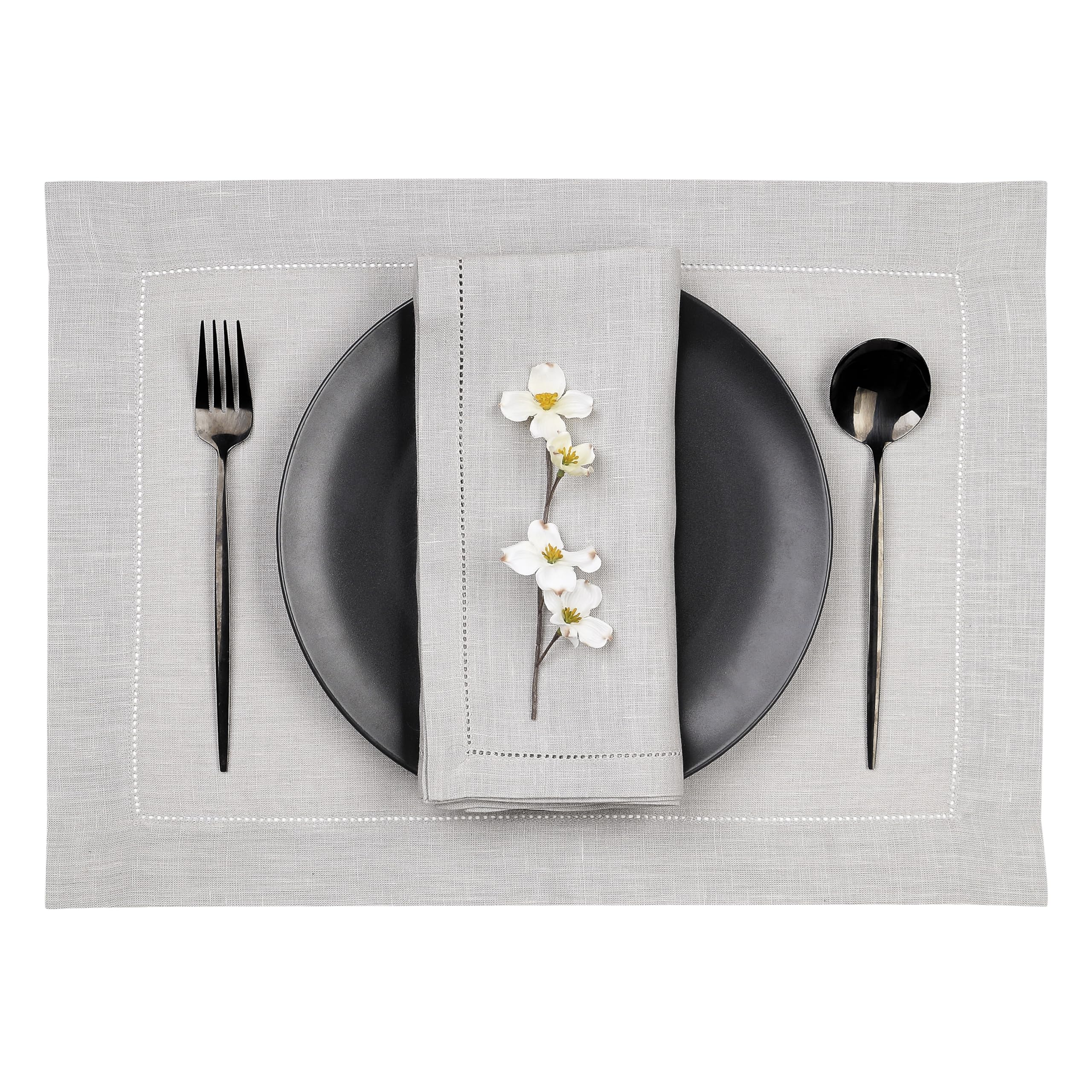 D'Moksha Homes Linen Placemats Set Of 4-100% Pure Linen Silver Grey Placemats 14 X 19 Inch - Classic Hemstitch, Washable Silver