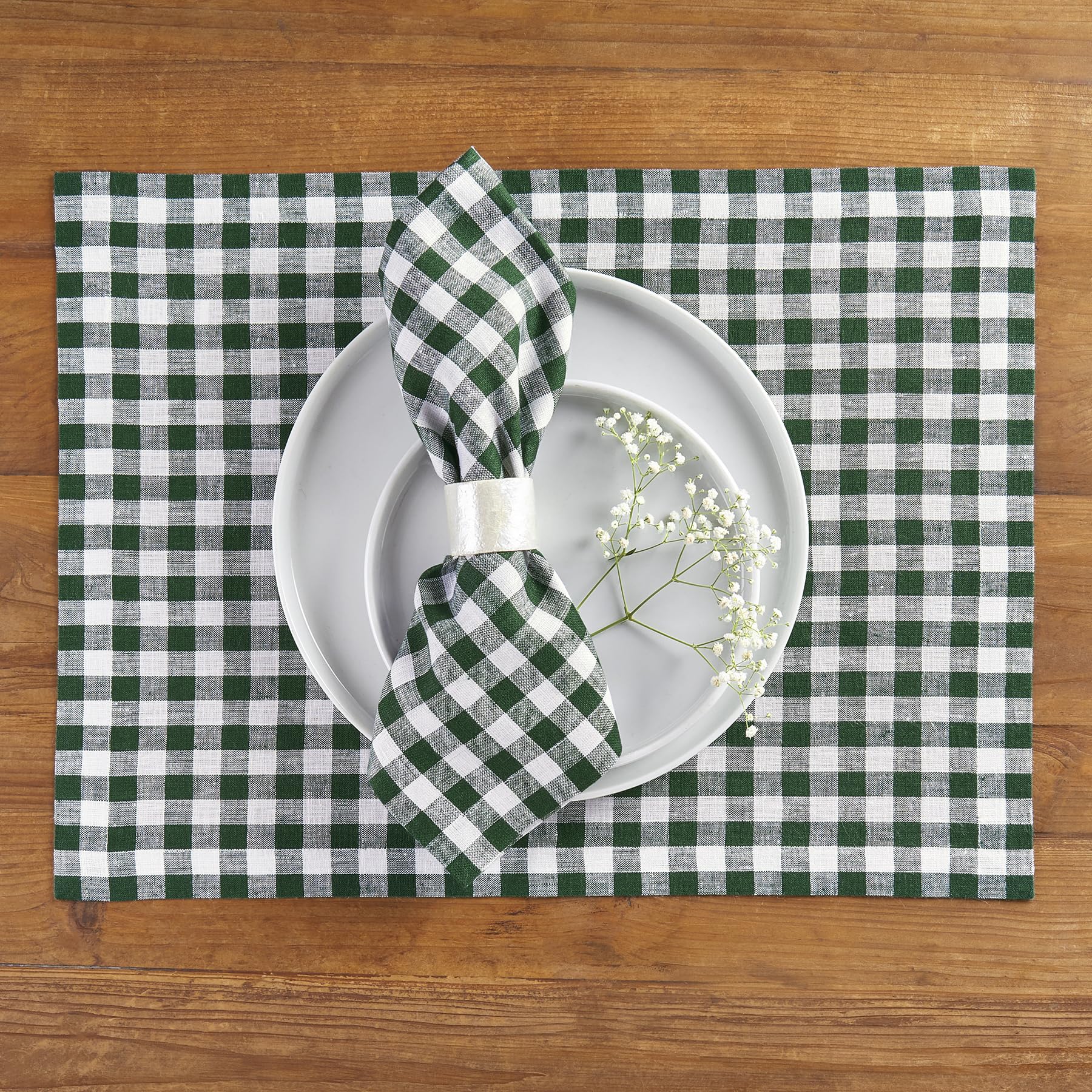 Solino Home Linen Placemats 14 X 19 Inch - 100% Pure Linen Green Plaid Cloth Placemats Set Of 4 - Gingham Check, Washable Fabric