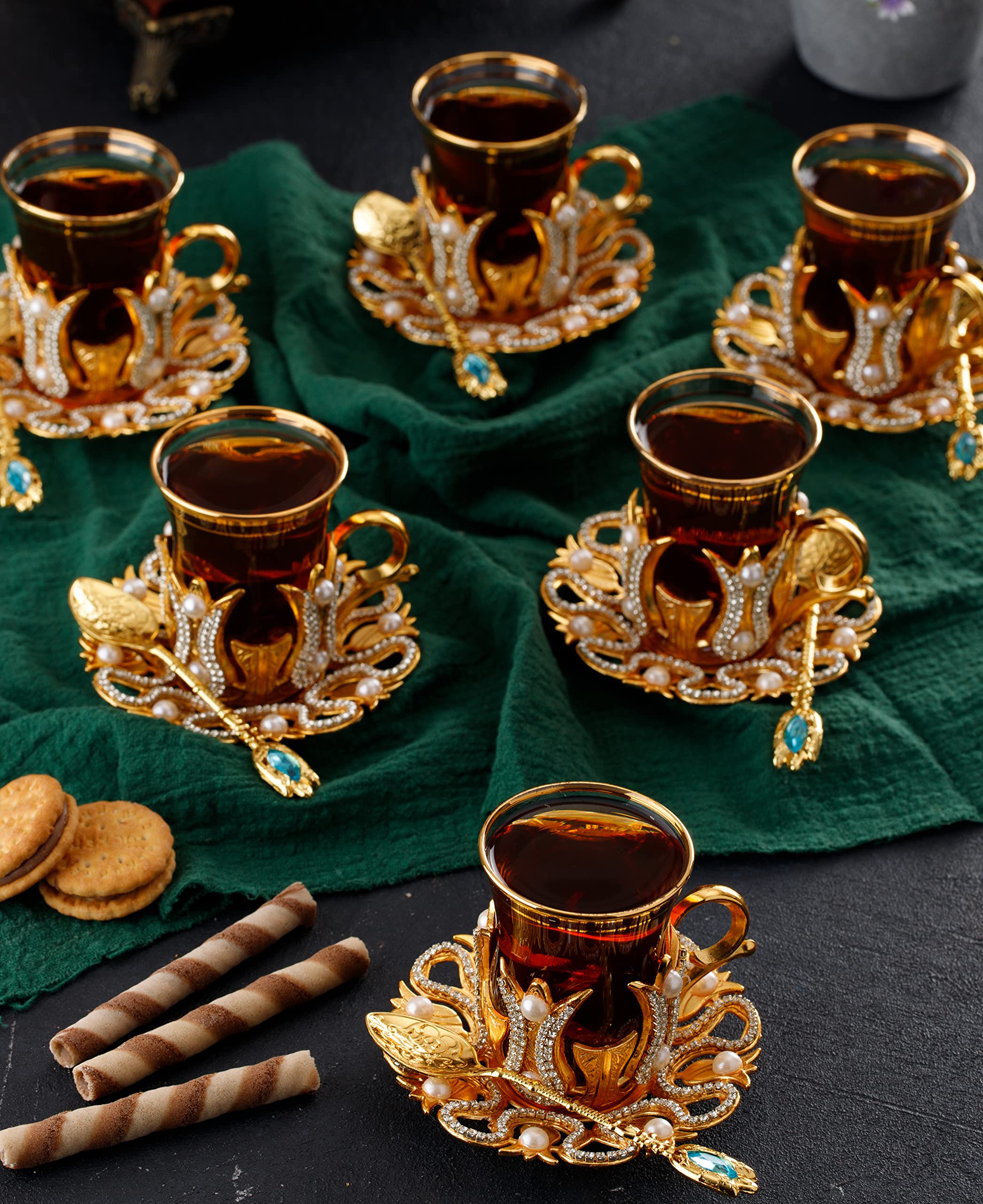 Demmex (Set Of 6) Turkish Tea And Coffee Glasses Cups Set With Saucers Holders Spoons, Decorated With Swarovski Type Crystals An