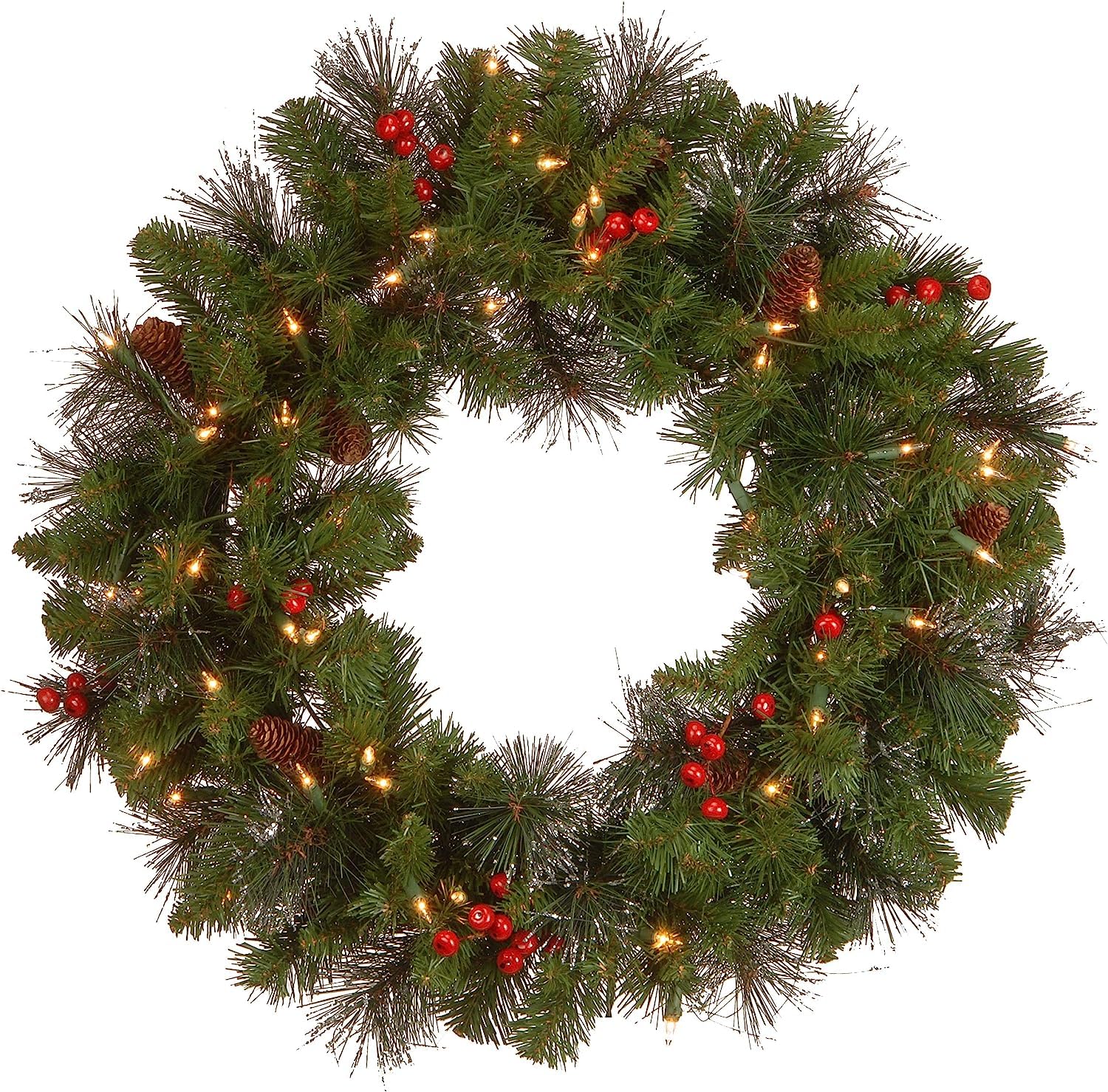 NATIONAL Tree COMPANY 24 Inch Crestwood Spruce Wreath with Silver Bristles, Cones, Red Berries and 50 Battery Operated Soft Whit