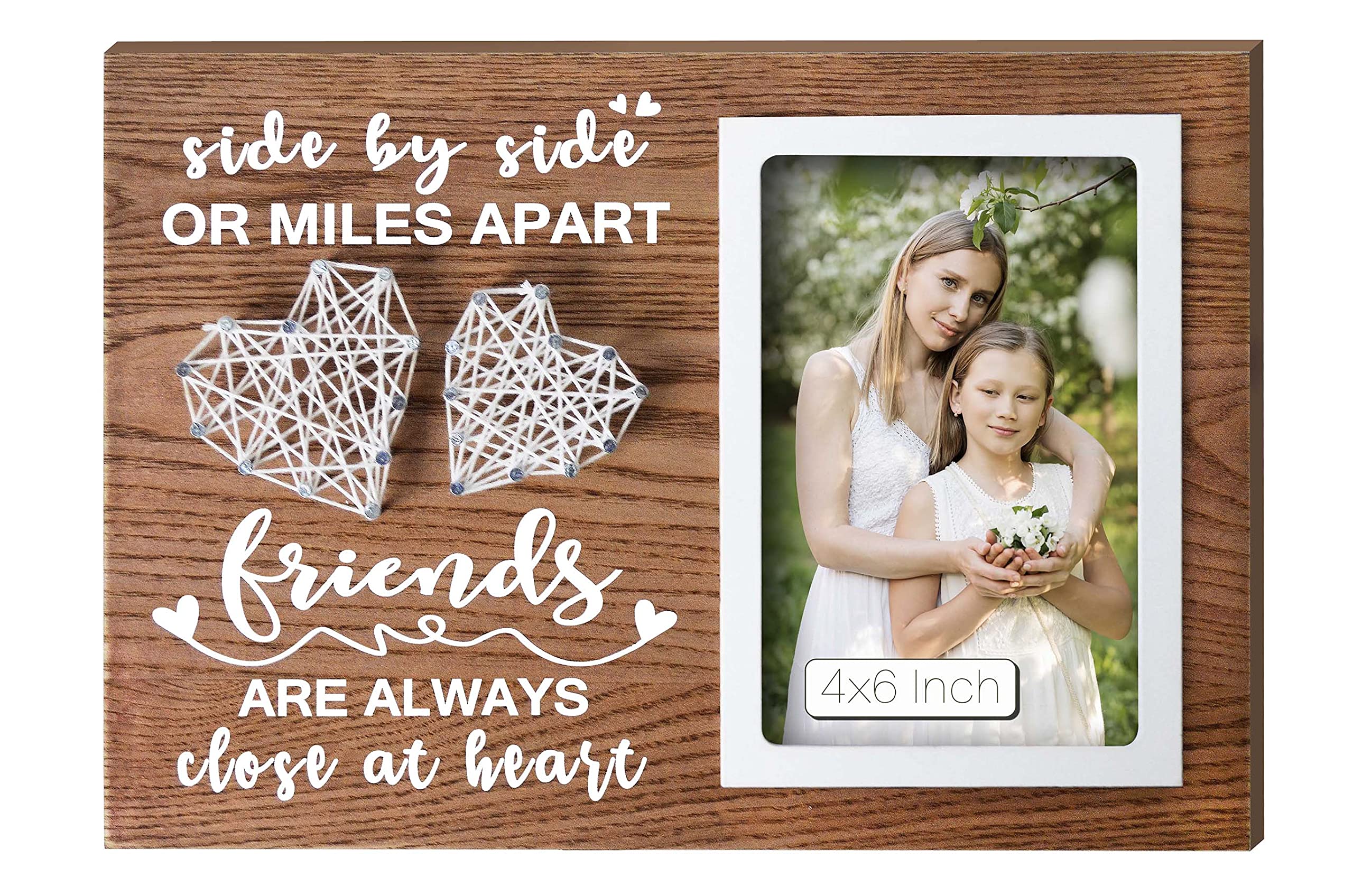 Buecasa Gifts for Best Friends Women Female BFF Sister - Wooden Friends Picture Frame 4x6 Inches with Handmade String Hearts