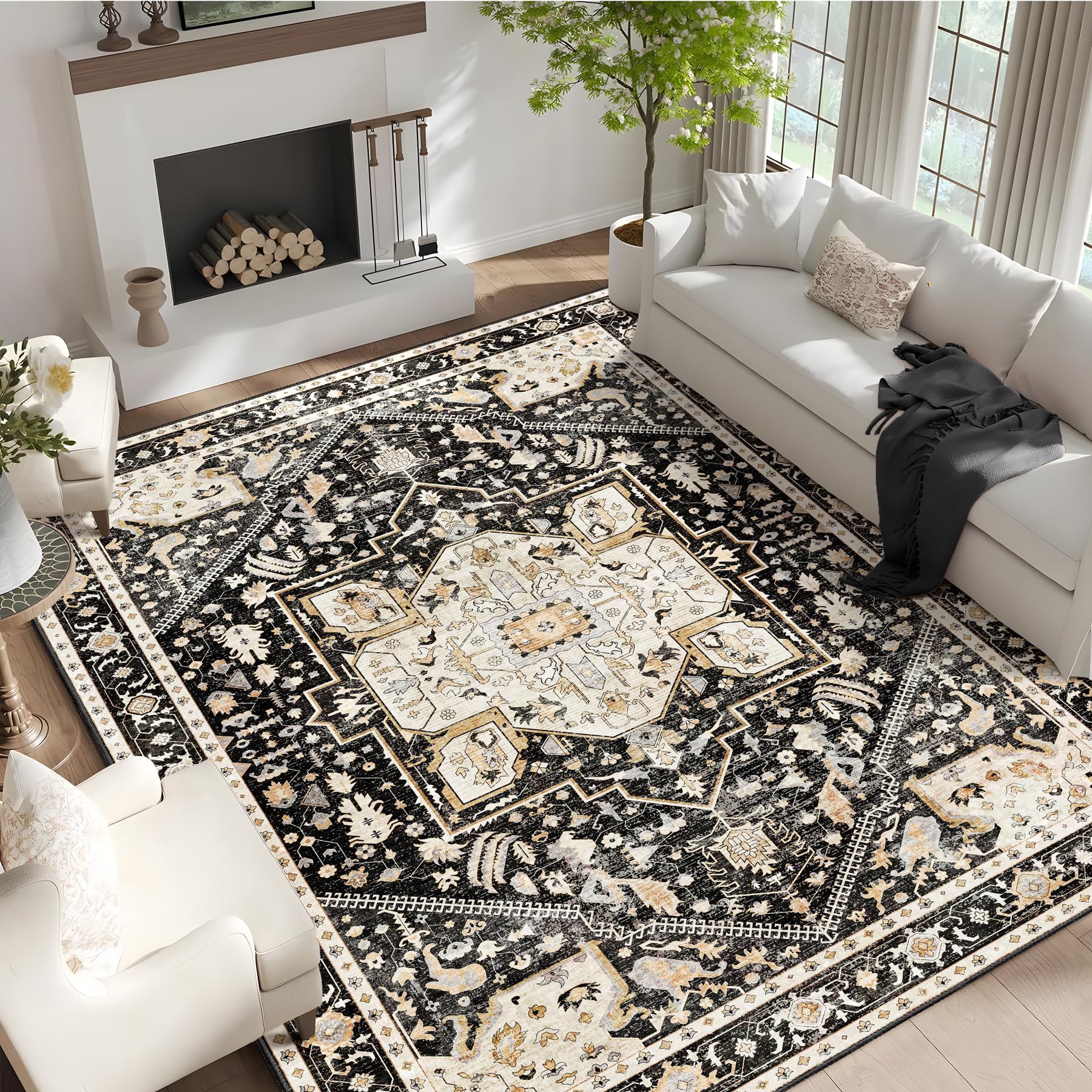 MUJOO 9x12 Area Rug Washable,Black Rugs for Living Room Bedroom,Large Boho Non Slip Carpet Indoor Floor,Vintage Soft Black and G