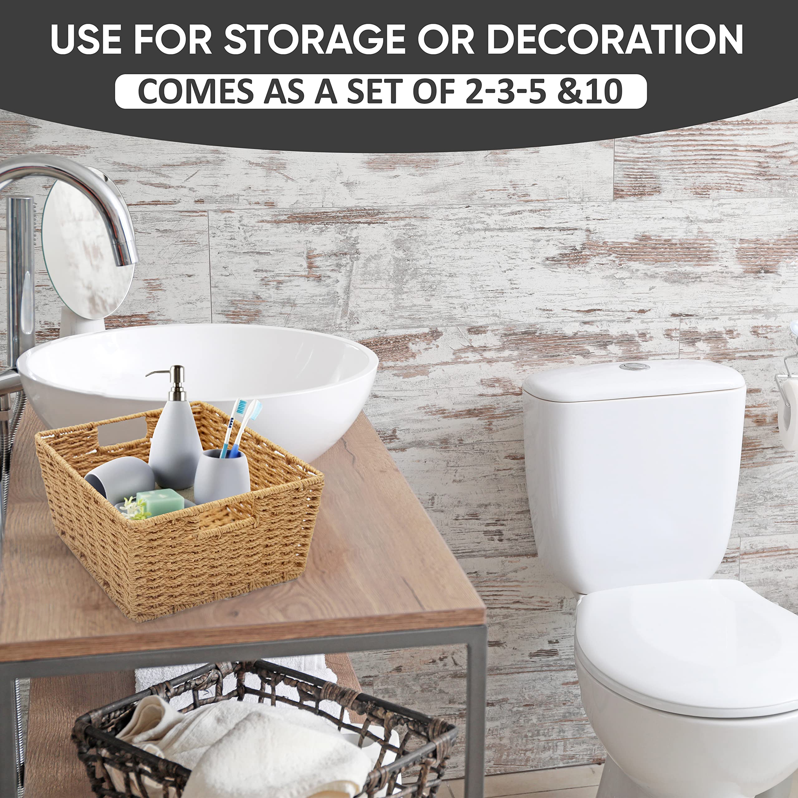 Kovot Woven Wicker Storage Baskets With Built-In Carry Handles - 9.75''L X 8.5''W X 4.5''H (3-Pack)