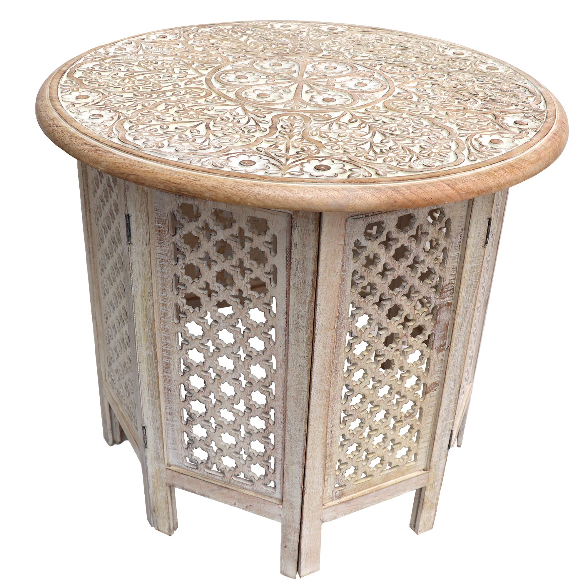 The Urban Port Mesh Cut Out Carved Mango Wood Octagonal Folding Table with Round Top, Antique White and Brown