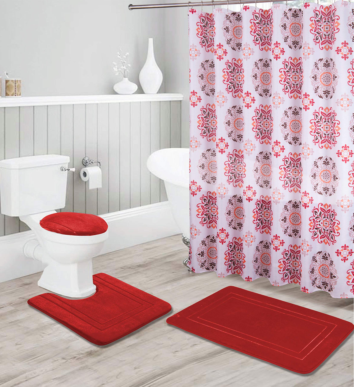 Kids Zone Home Linen Bathroom Collection Red 16Pc Bathroom Accessory Set - Non-Slip Bath Mat, Non-Slip Contour Mat, Toilet Lid C