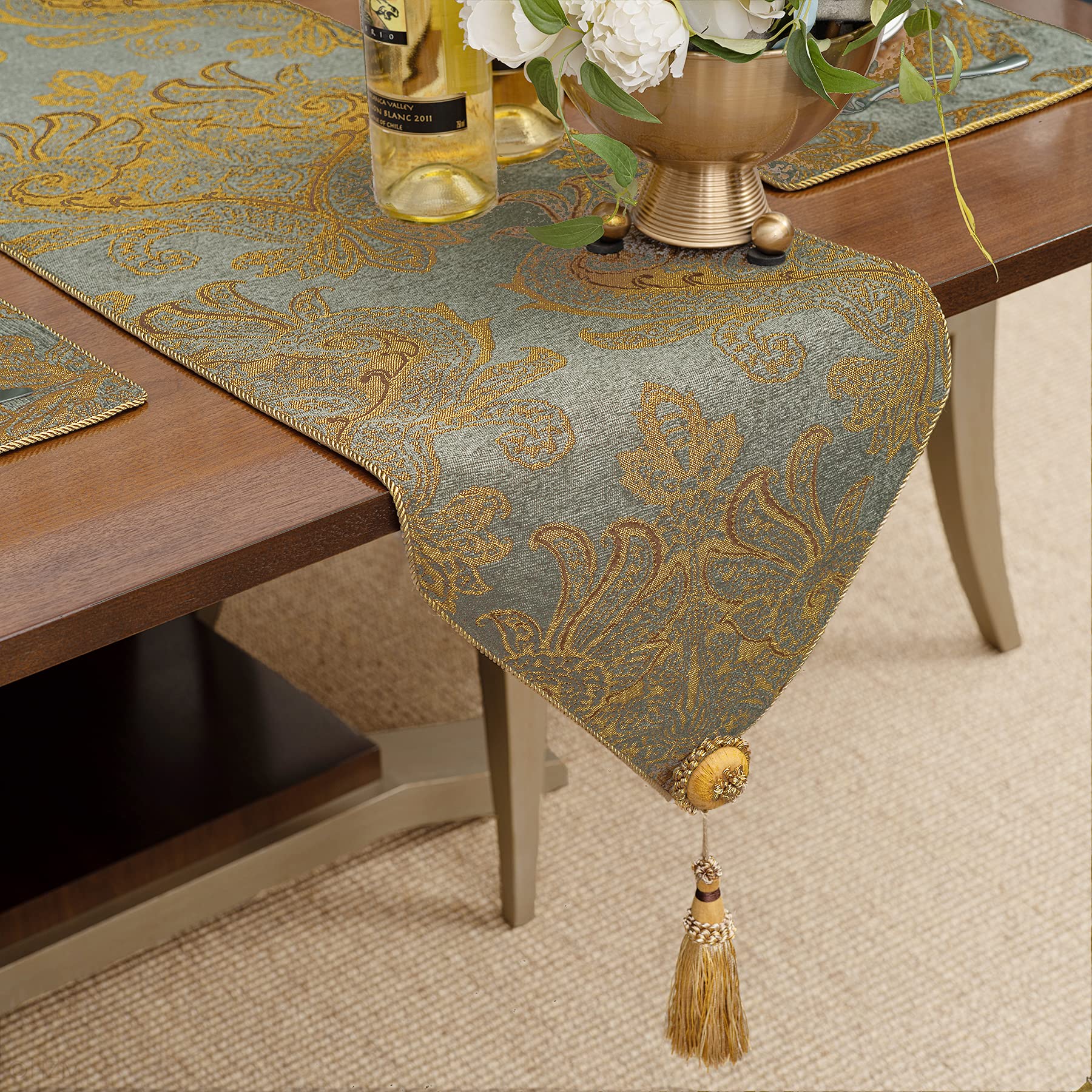 Loom And Mill Luxury Thick Chenille Table Runner, Modern Damask Jacquard Table Runners With Handmade Tassels For Dining Room Dre