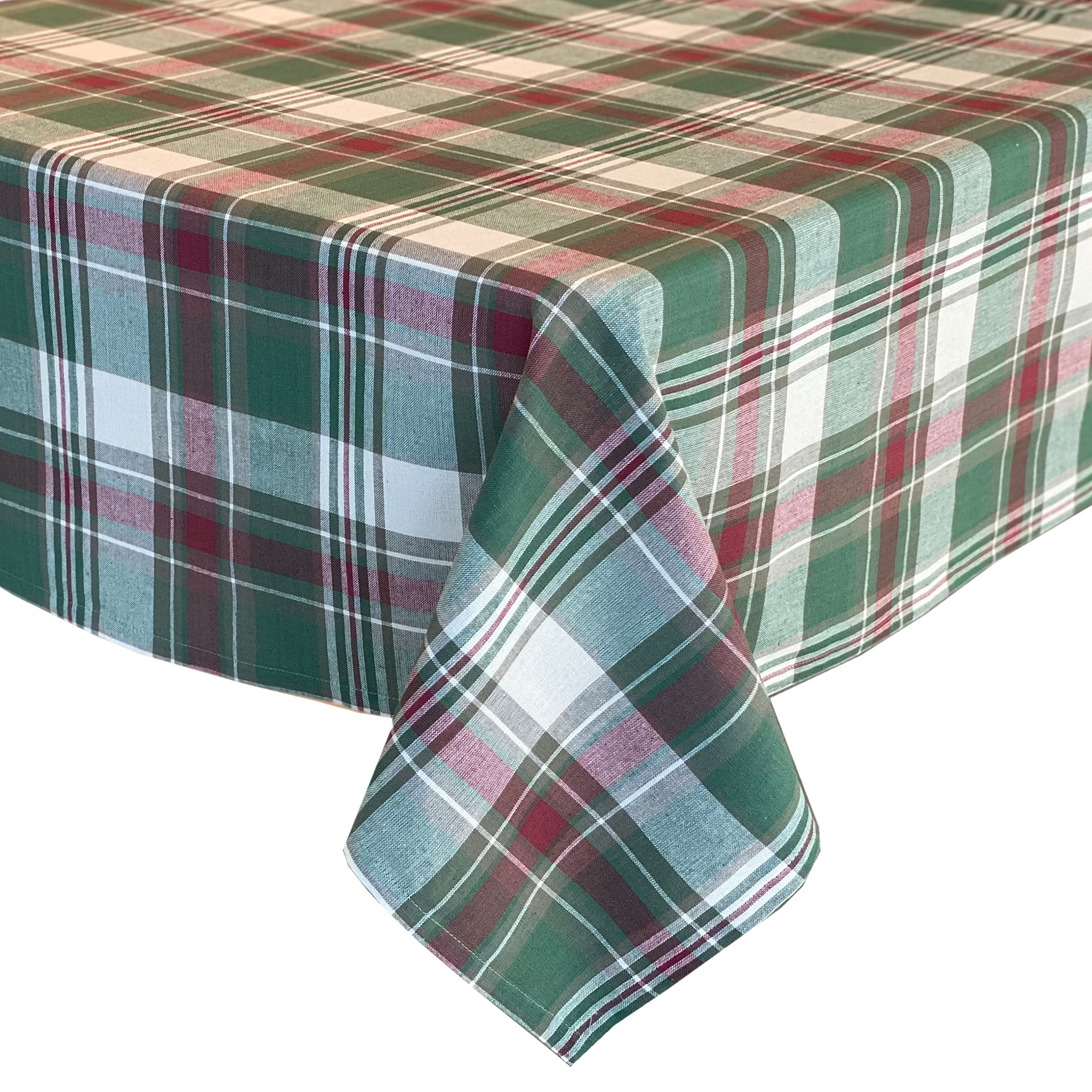 Lintex Christmas Cottage Plaid Cotton Weave Christmas Fabric Tablecloth, Country Rustic Holiday Tartan Plaid Easy Care Tableclot