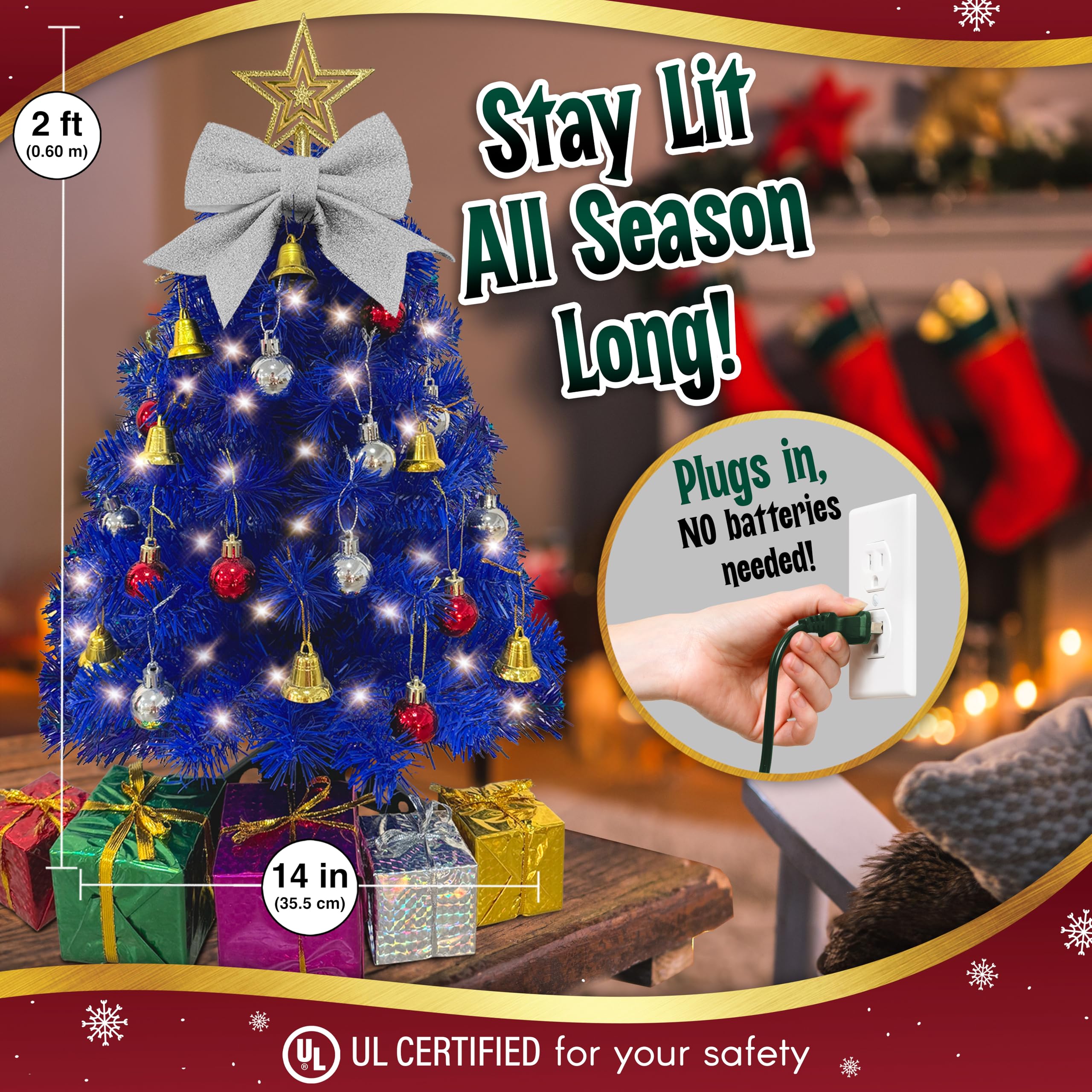 Small Blue Christmas Tree with Lights - 23 Inch Mini Tabletop Christmas Tree with Warm-White LED Lights, Hanging Ornaments, Deco