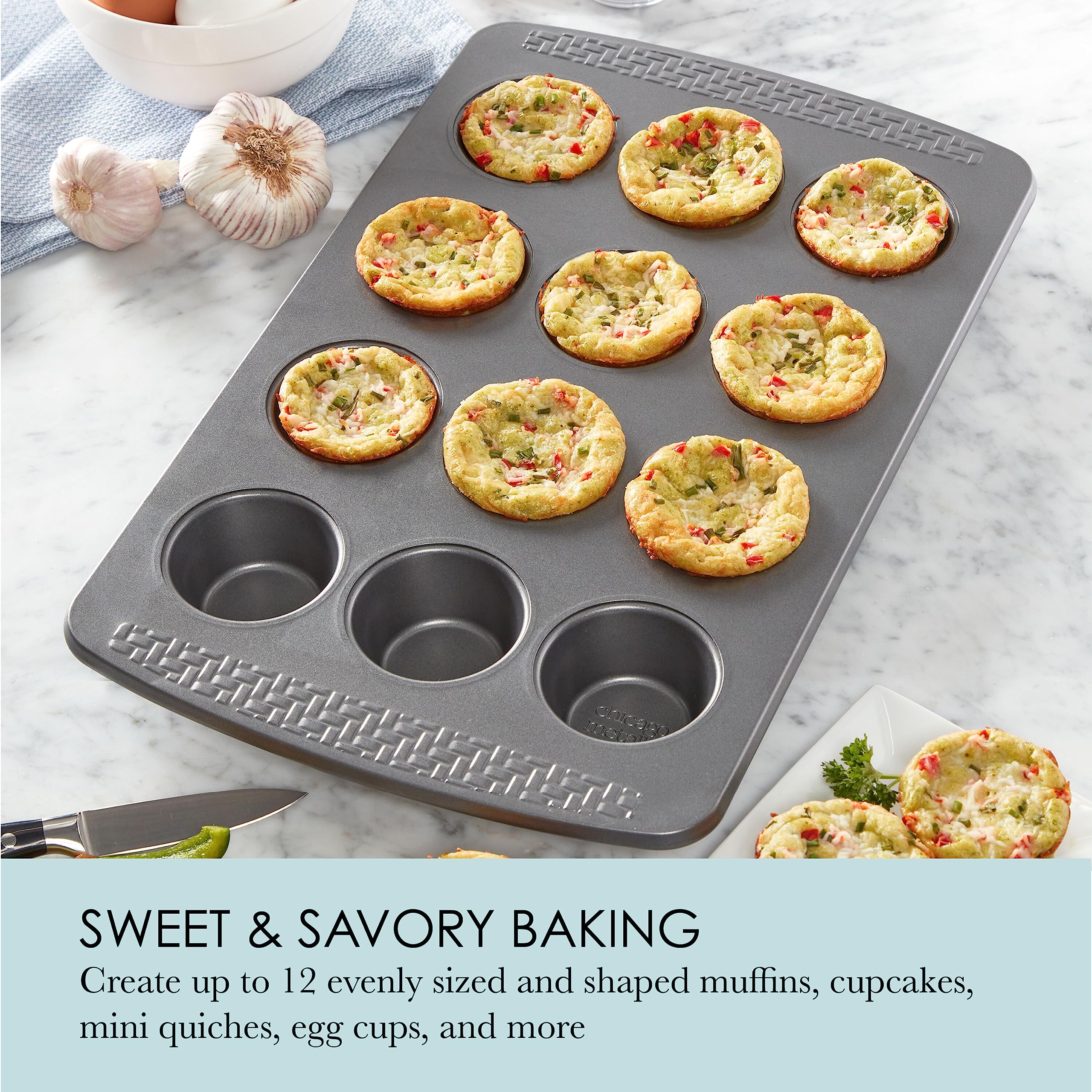 Chicago Metallic Everyday Non-Stick 12 Cup Muffin And Cupcake Pan. Perfect For Creating Evenly Sized Muffins, Cupcakes, Egg Cups