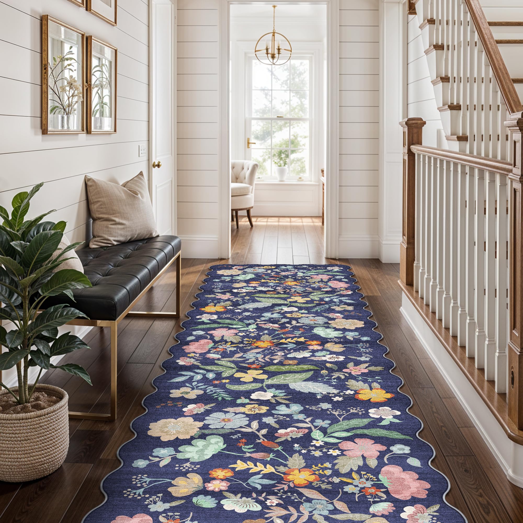 Washable Non-Slip Runner Rug 2x8: Water-Resistant Floral Kitchen Rug Indoor Low Pile Floor Mat for Living Room Bedroom Dining Ro