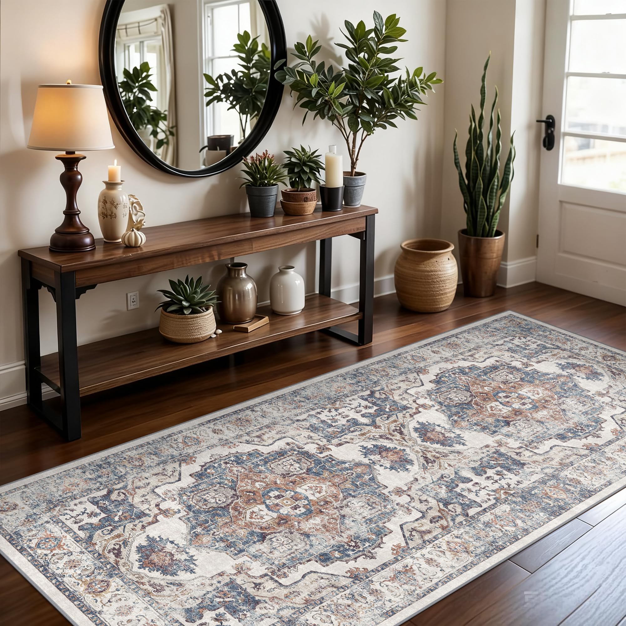 Washable 3x7 Hallway Runner Rug: Vintage 7ft Water-Resistant Soft Runner Rug for Entryway Kitchen Non-Slip Low Pile Carpet for L