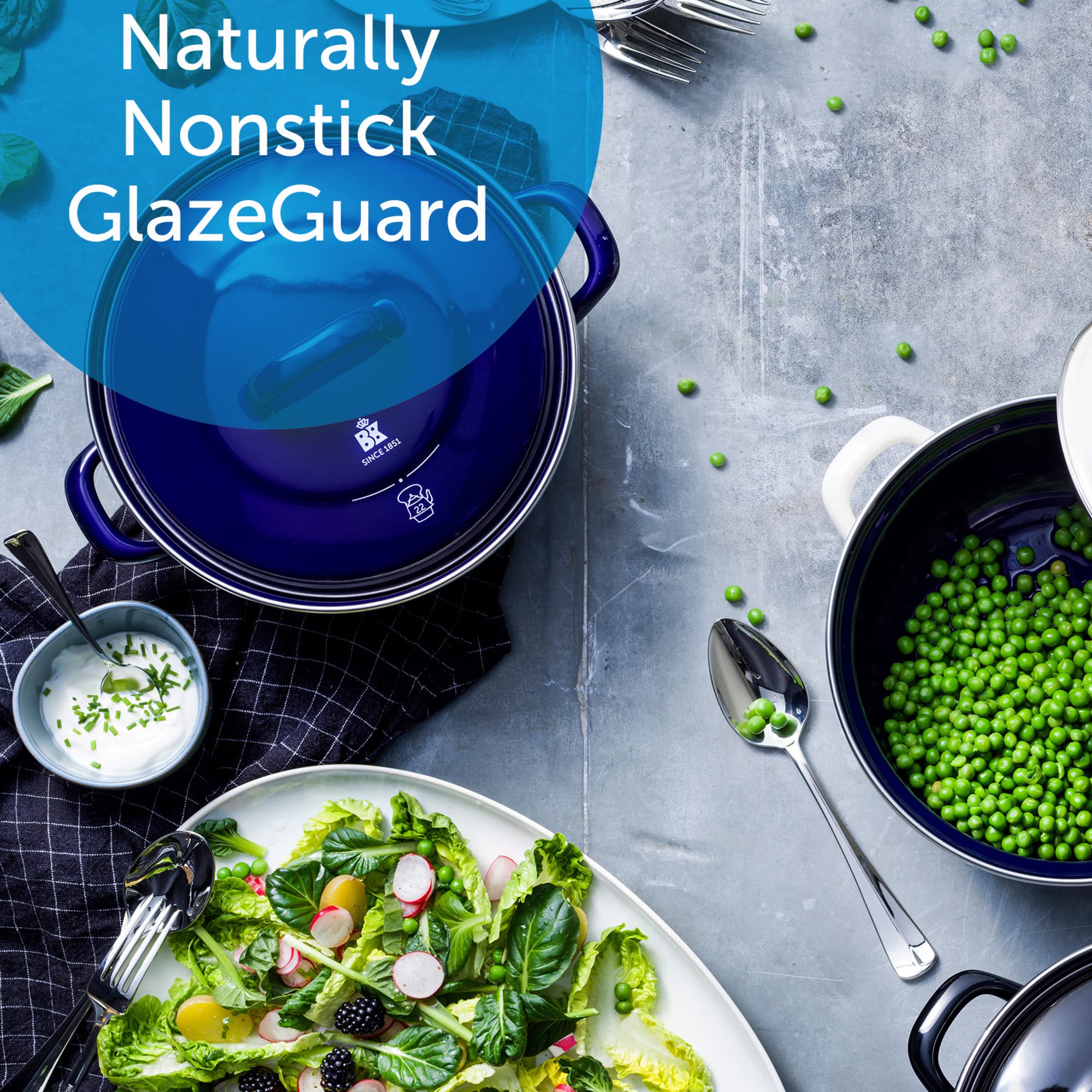 Bk Indigo Dutch Heritage Round German Enamelled Casserole With Lid With Pfas-Free Ceramic Non-Stick Coating, 26 Cm/5.2 Litre, In