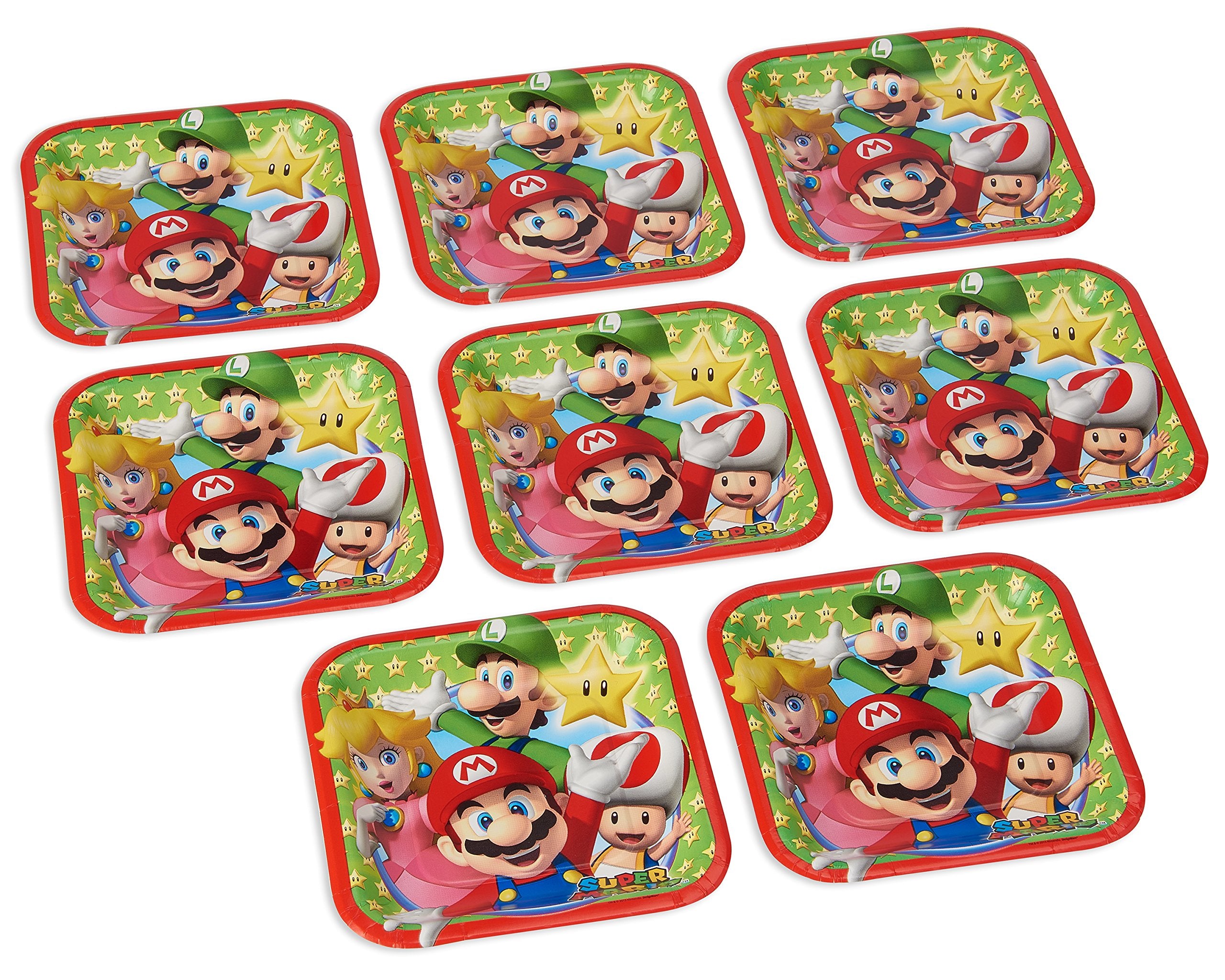 Super Mario Brothers Square Plates, 7'' (8-Pack) - Colorful All-Character Designed Party Plates, Perfect For Fun Themed Parties