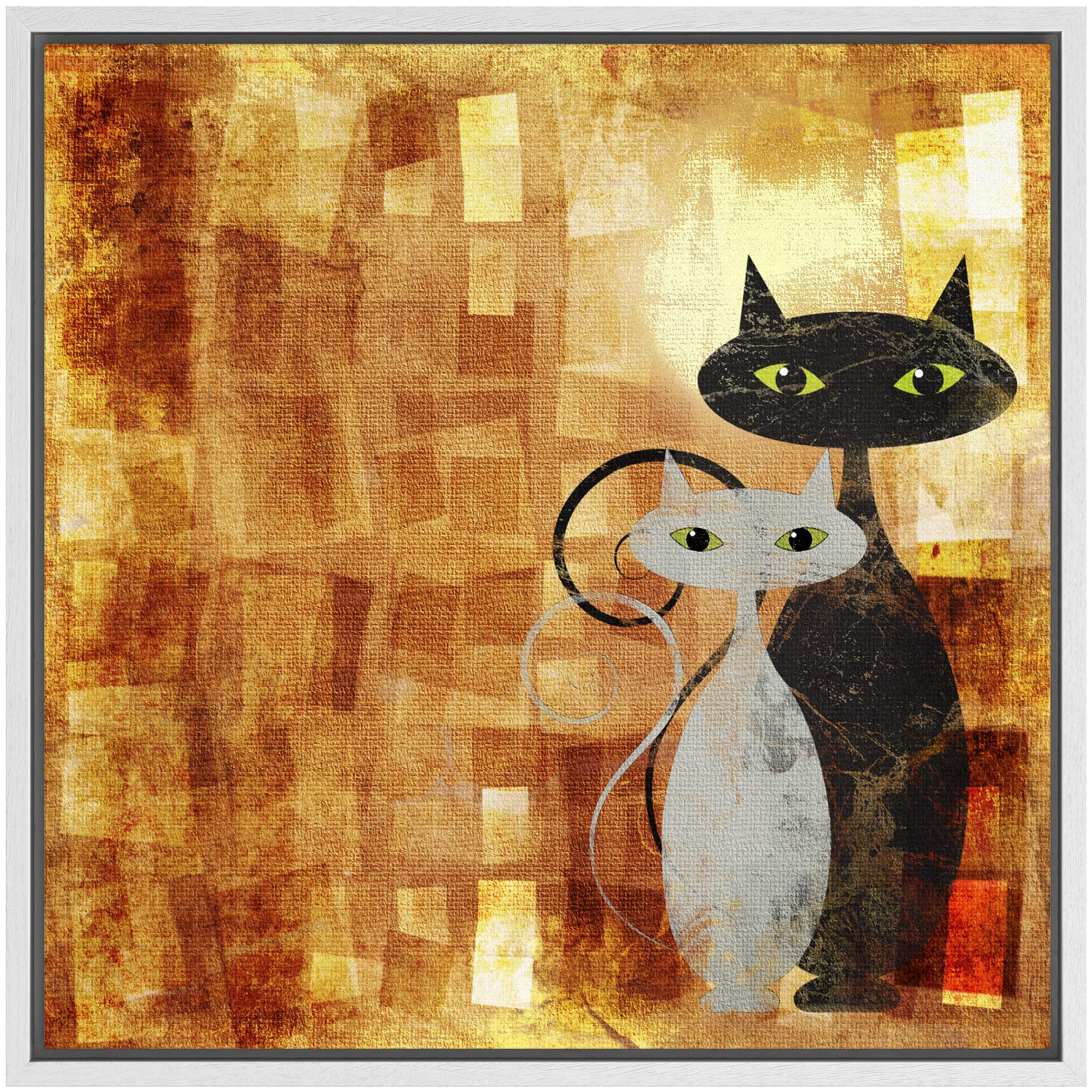 Wall26 - Framed Canvas Prints Wall Art - Black And White Cat On Orange Grunge Framed Canvas Modern Wall Art Stretched Gallery Fr