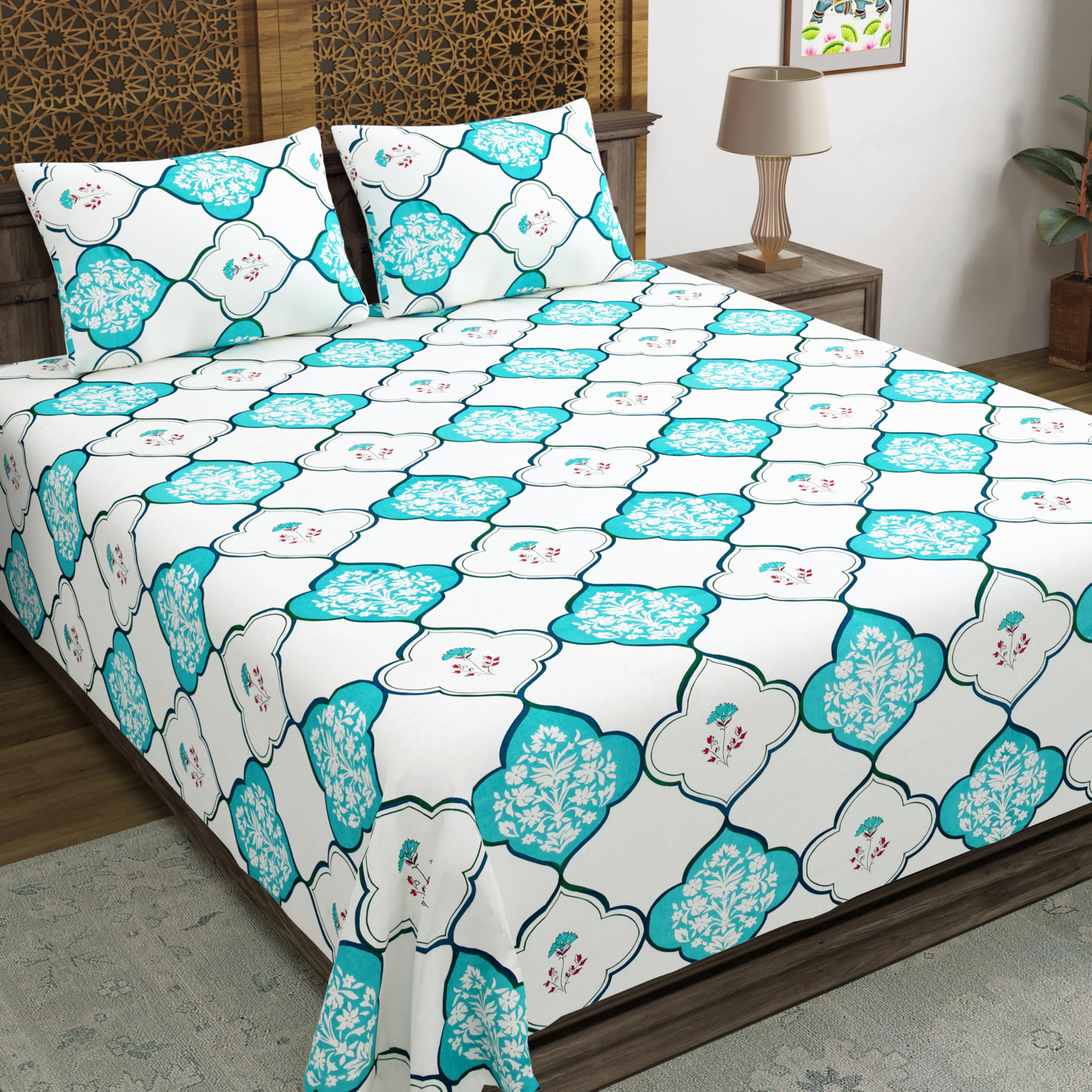 Blocks Of India Hand Block Printed 200 Tc Cotton King Size Bedsheet | Mughal Turquoise