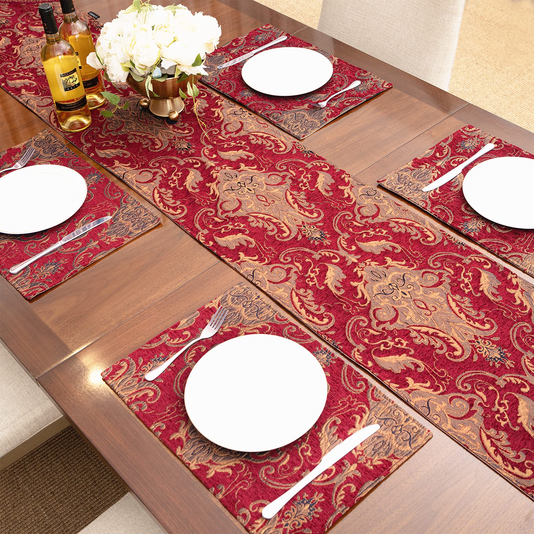 Loom And Mill Luxury Damask Placemats, Set Of 6 Vintage Jacquard Chenille Table Place Mats For Dining Table Kitchen Room Holiday