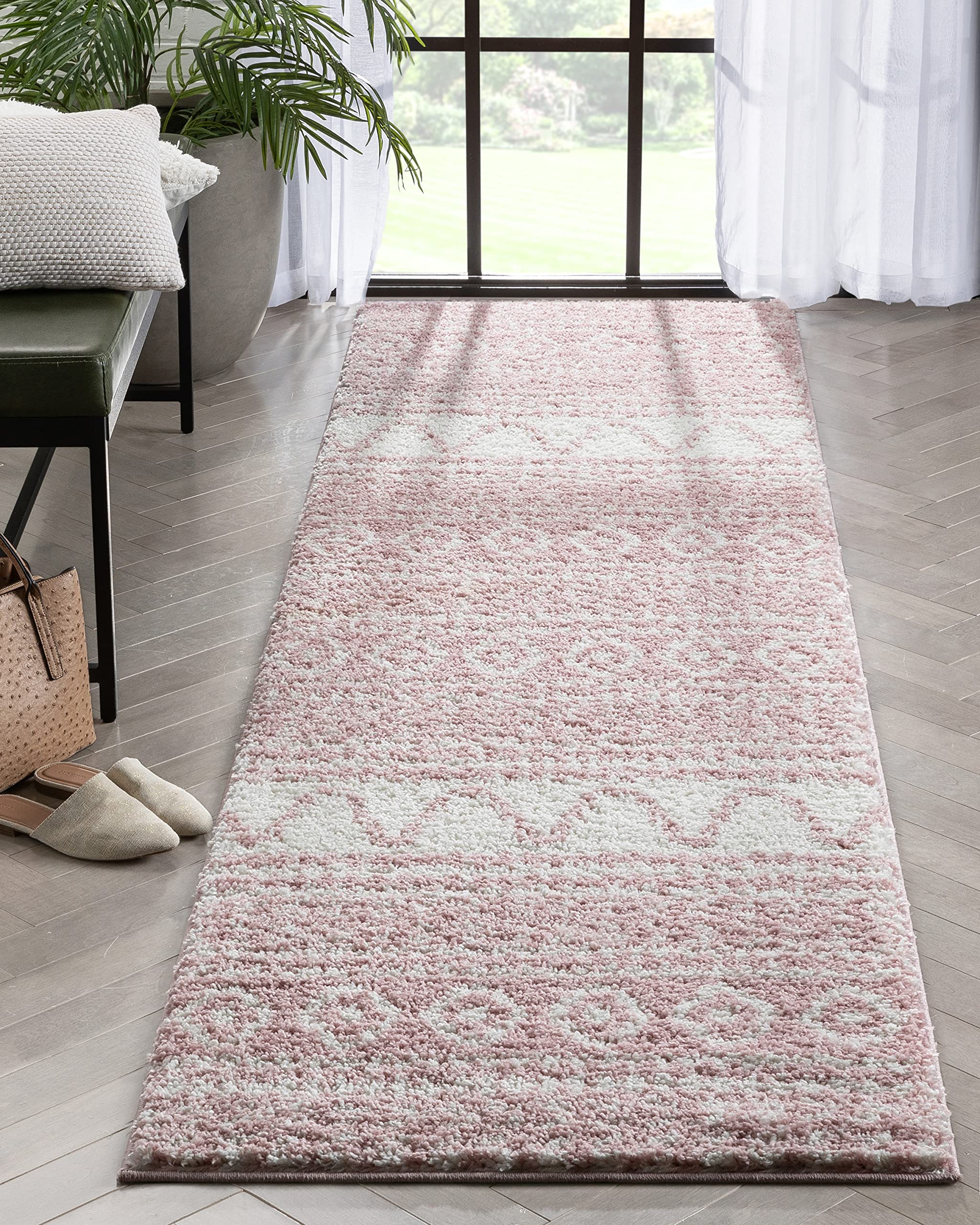 Well Woven Tribal Diamond Stripes Shag Blush Pink Cozy 1 Thick Runner Rug (27 x 910)