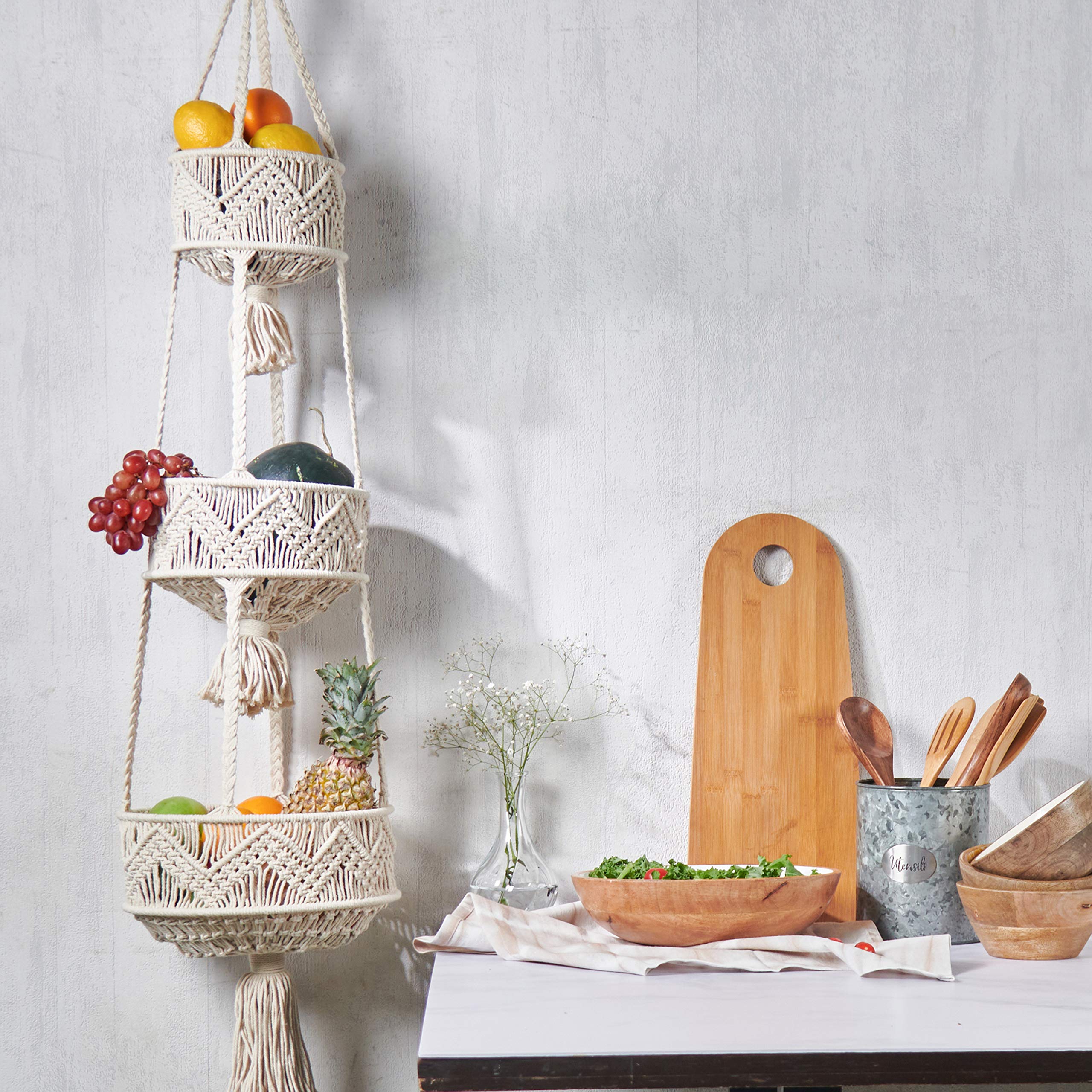 Folkulture 3 Tier Hanging Fruit Basket For Kitchen, Macrame Hanging Basket For Fruit And Vegetable Storage, Boho Wall Baskets Fo