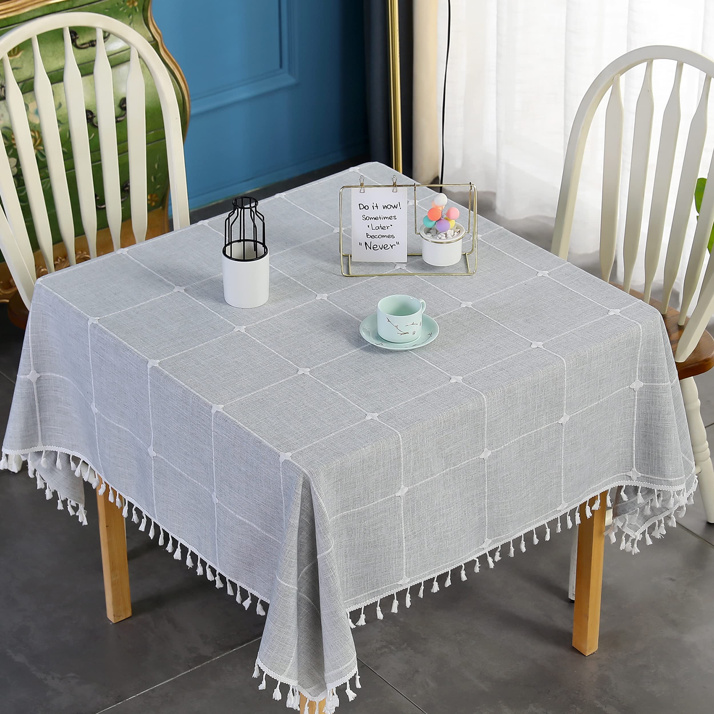 Grey Embroidery Lattice Square Tablecloth with Tassel Heavy Duty Rustic Fabric Table Cover Wrinkle Resistant Washable Kitchen Dining Party Wedding Decoration 70 x 70 Inches