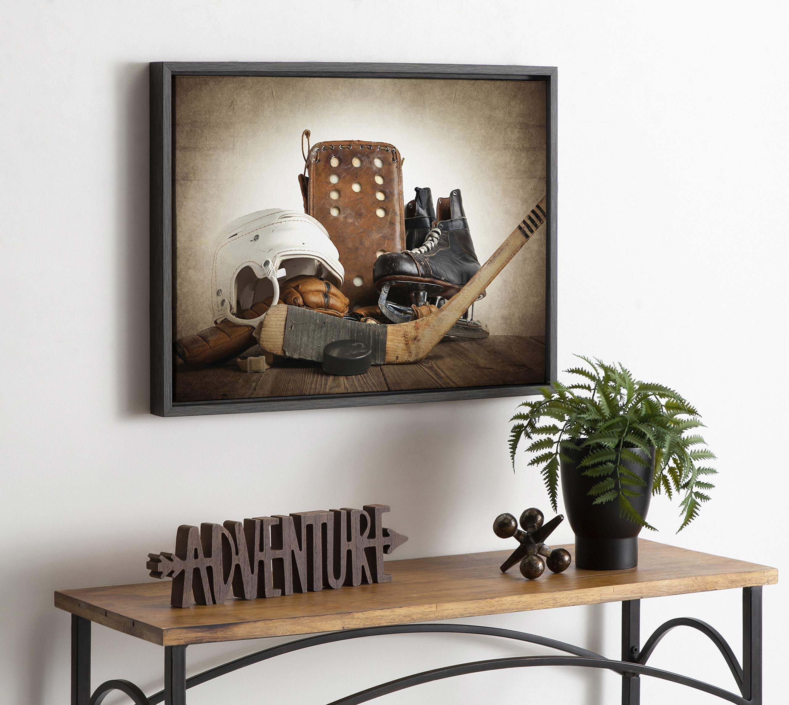 Designovation Sylvie Vintage Hockey Gear Sport Print Framed Canvas Wall Art By Shawn St. Peter, 18X24 Dark Grey, Traditional Cla