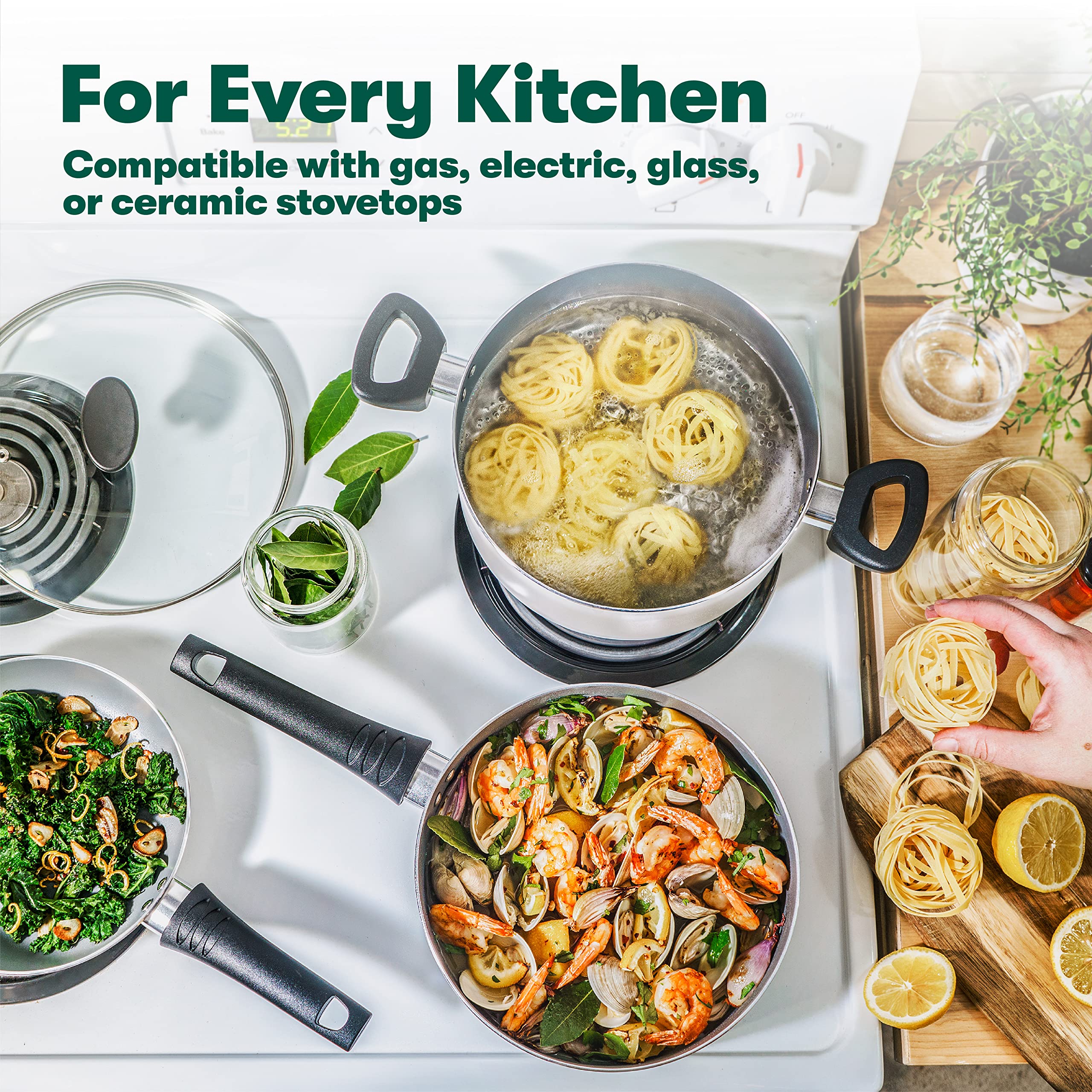 bella Nonstick Cookware Set with Glass Lids - Aluminum Bakeware, Pots and Pans, Storage Bowls & Utensils, Compatible with All St