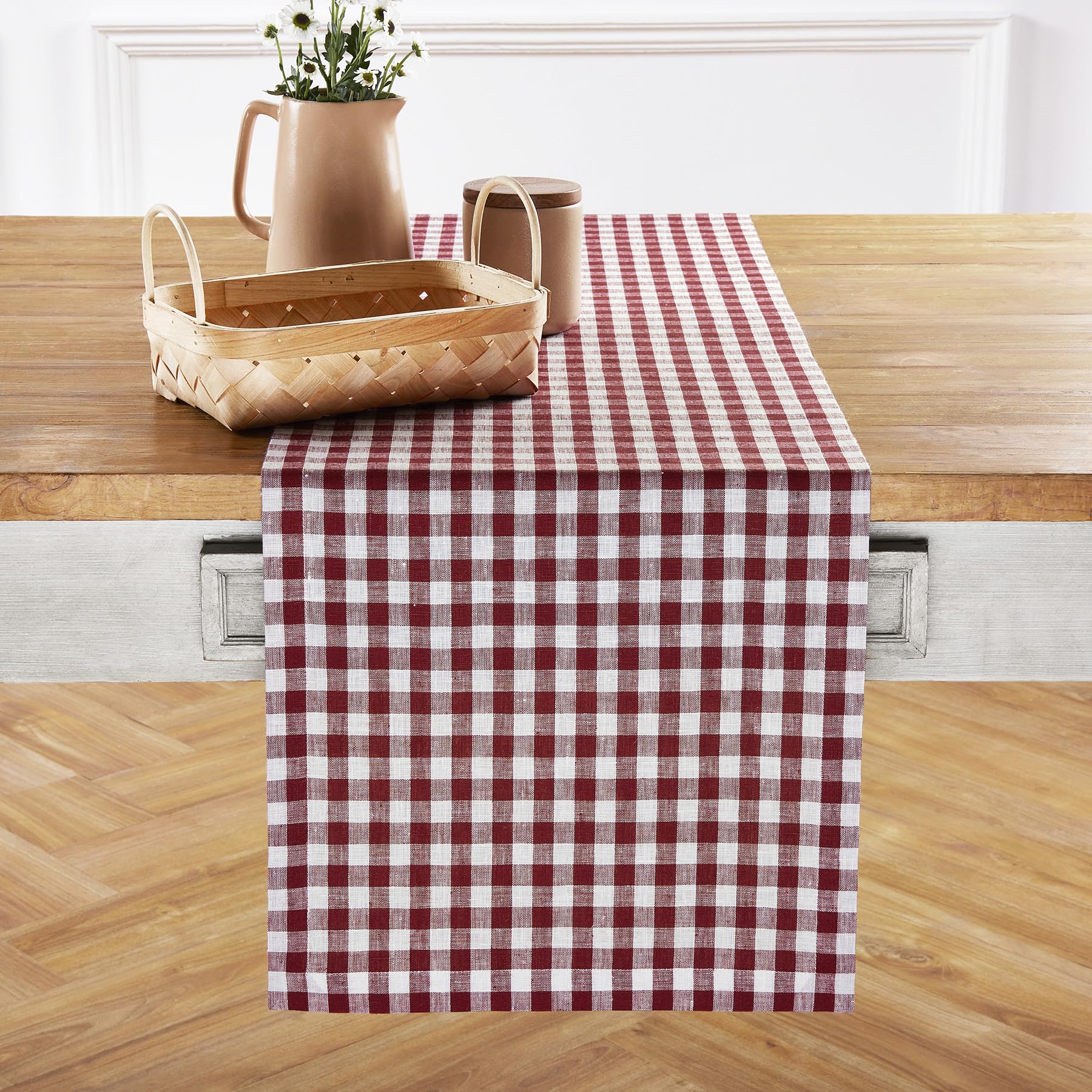 Solino Home Check Linen Table Runner 108 Inches Long - 100% Pure Linen Burgundy Plaid Table Runner 14 X 108 Inch Ideal For Weddi