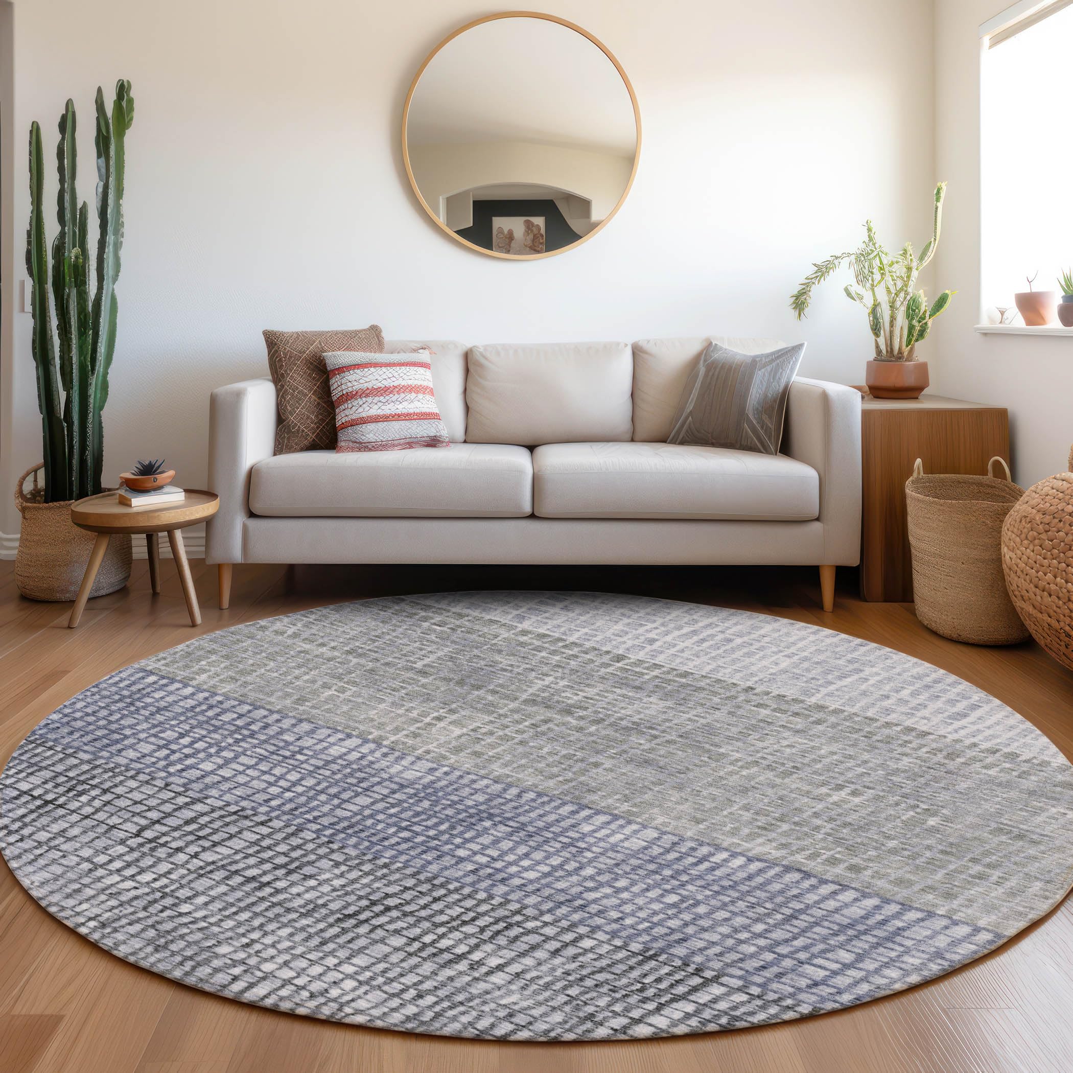 Machine Washable Indoor/Outdoor Chantille Denim 8 x 8 Round Rug