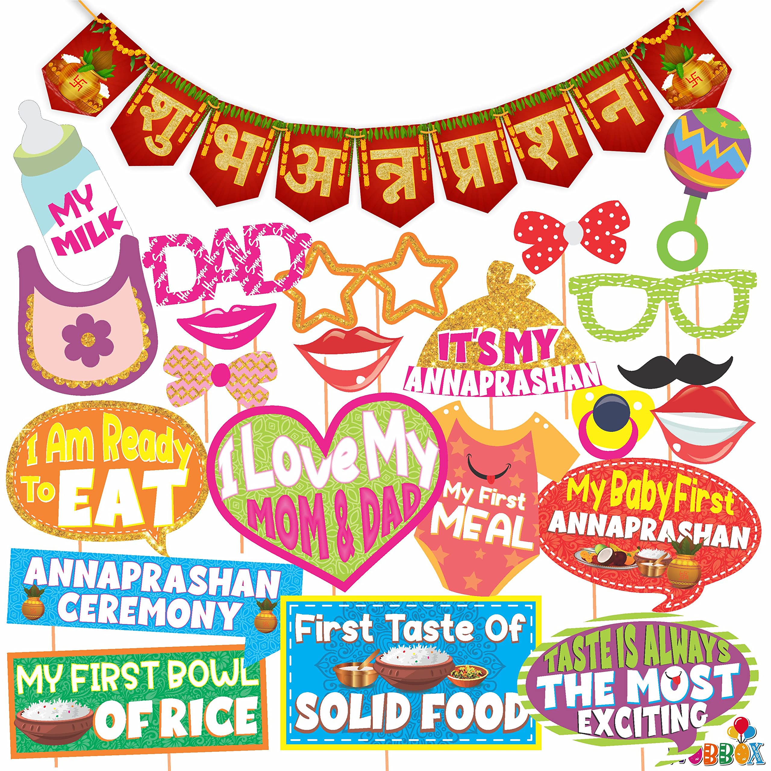 WOBBOX Photo Booth Party Props with Bunting Banner Hindi Shubh Annaprashan Red & Golden Gliter Color Font, Decoration Item