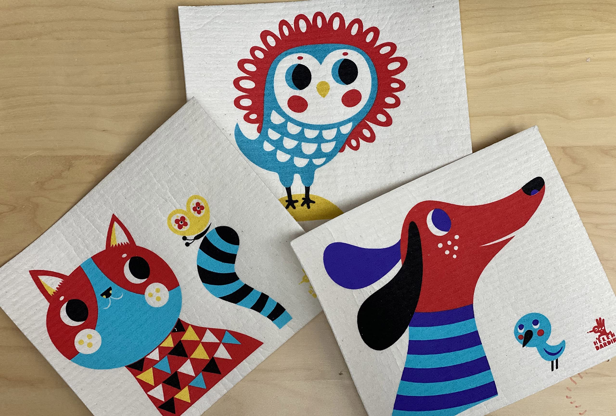 Trendy Tripper Swedish Dishcloths/Sponge Cloth - Helen Dardik Designs - Dog Or Cat Or Owl Or Pack Of 3 With 1 Of Each Dog/Cat/Ow