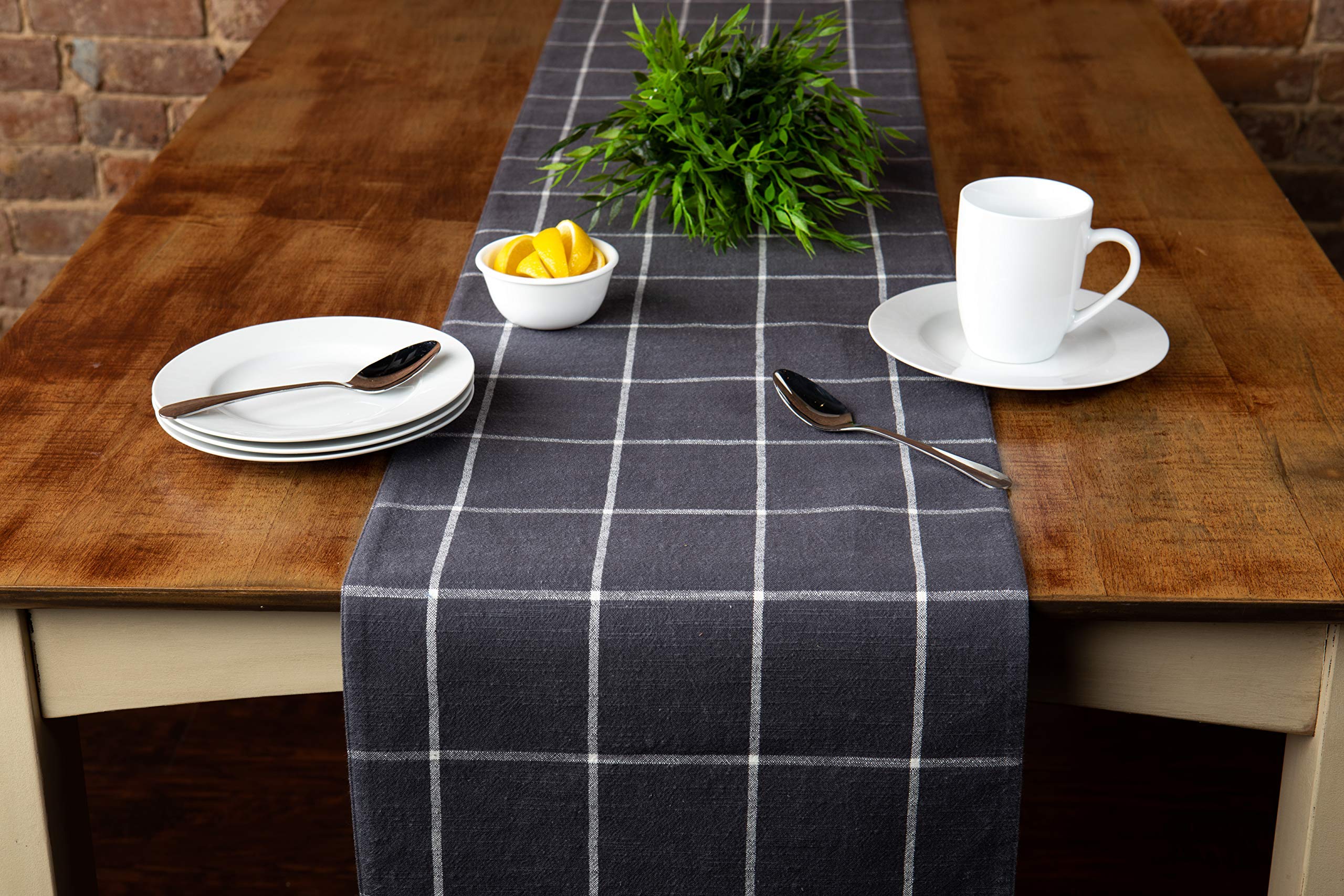 Sticky Toffee Table Runner Cotton Farmhouse Plaid 14 in x 72 in  Table D?cor for Kitchen or Dining  Gray Cloth Woven Table Runners  Oeko-Tex Cotton