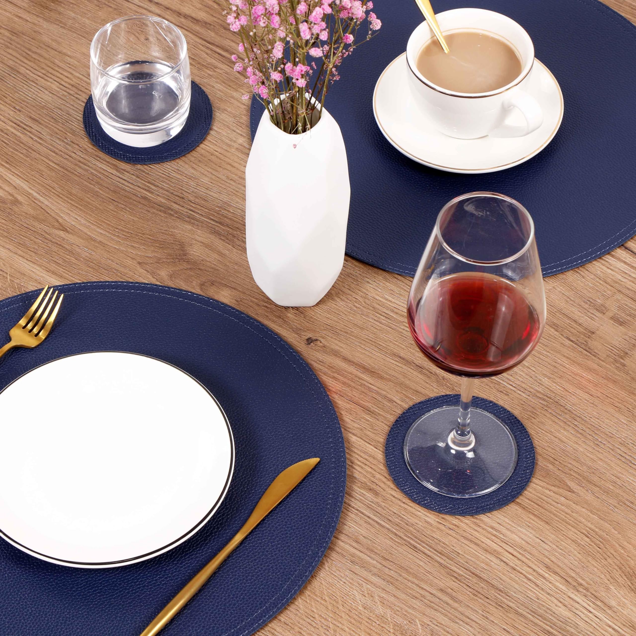 Jovono Navy Faux Leather Round Placemats And Coasters, Coffee Mats Kitchen Table Mats, Waterproof, Easy To Clean For Round Table