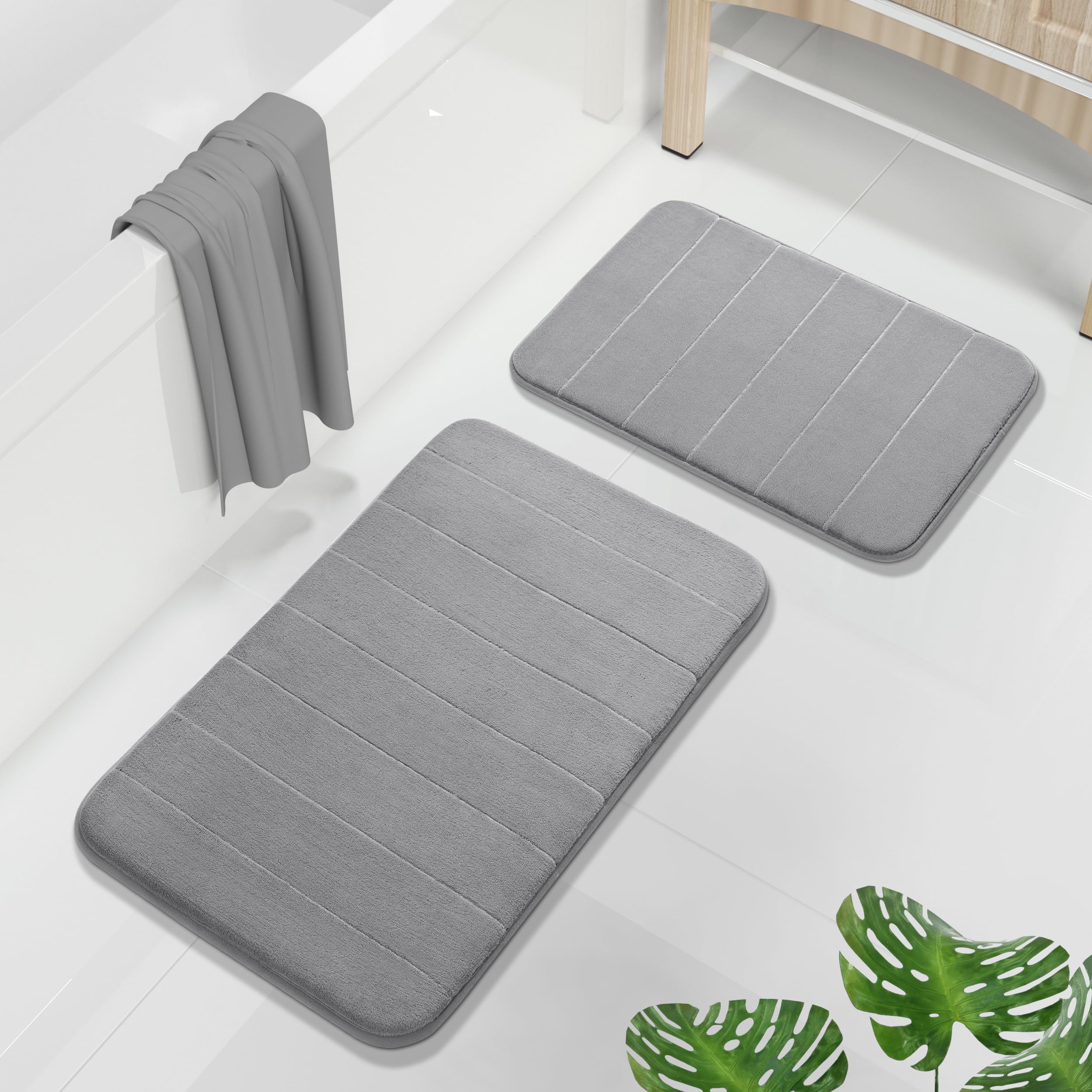 Yimobra Memory Foam Bath Mat Set  Non Slip Super Water Absorption Soft Bathroom Rugs  Thick  Dry Fast  Machine Washable for Bathroom Floor Mat  17x24+31.5x19.8 Inches  Gray
