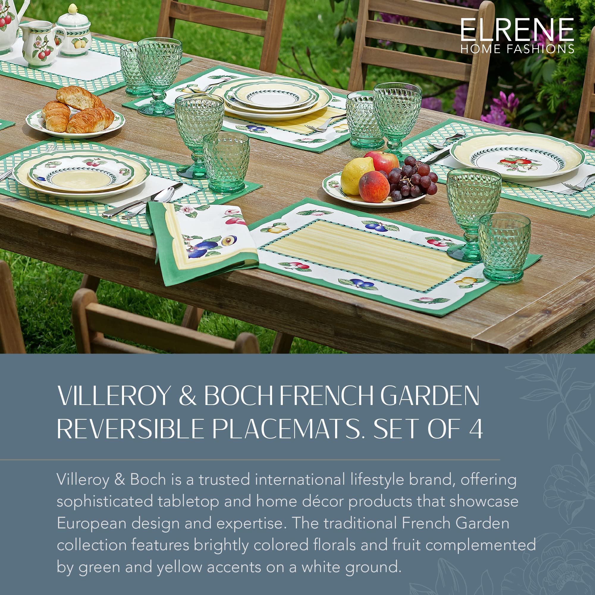 Villeroy & Boch French Garden Reversible Placemats, Rectangle Placemats For Dining Tables, 14'' X 20'', Set Of 4