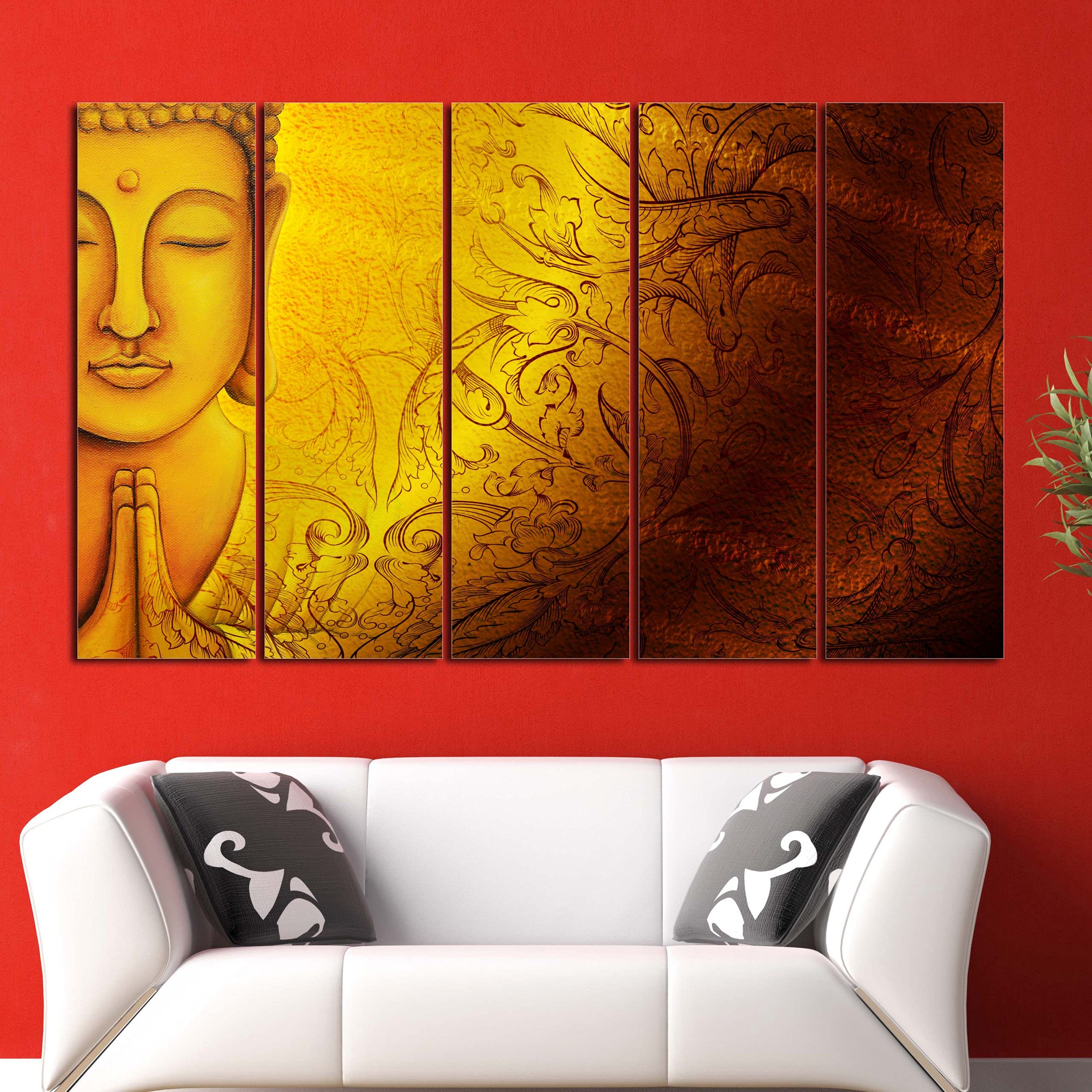 Inephos Multiple Frames Beautiful Religious Buddha Wall Painting (50 Inches X 30 Inches - Wooden Brown And Yellow)