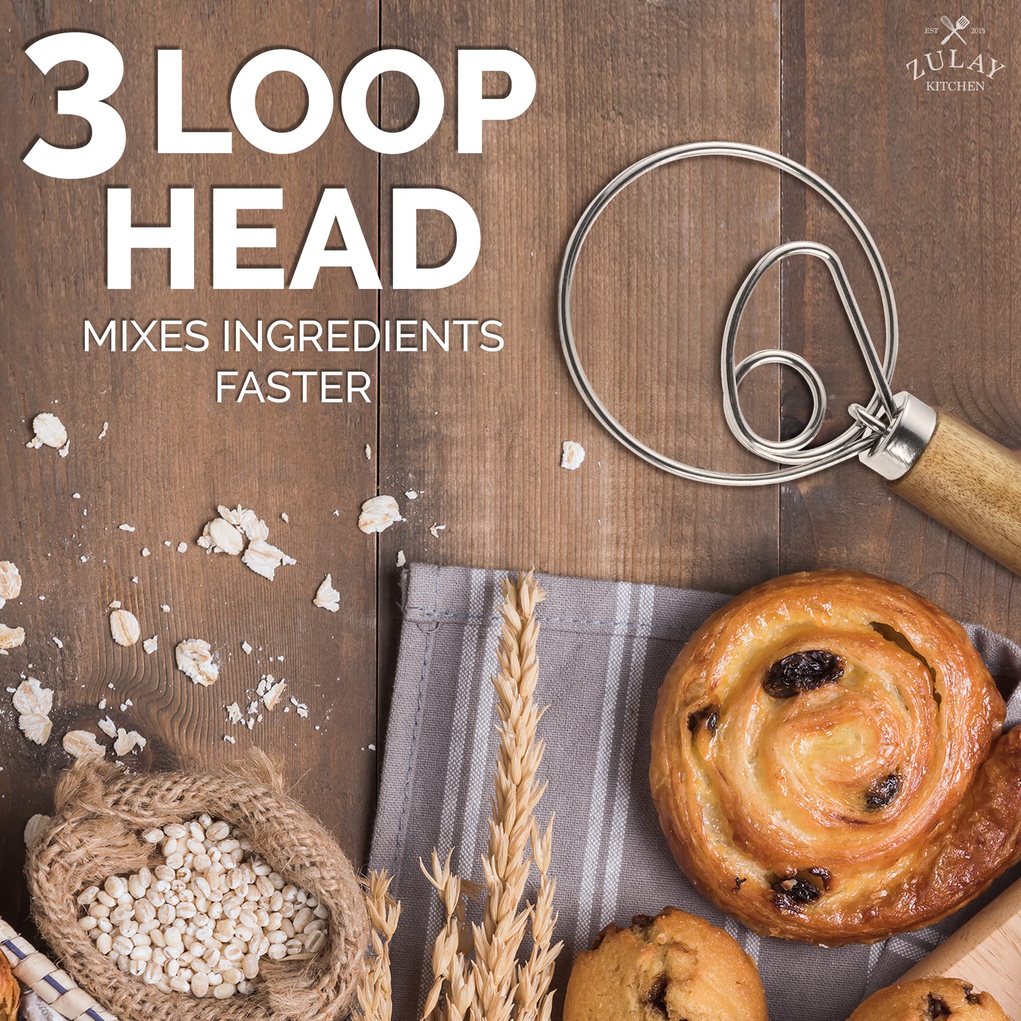 Zulay Kitchen 13 Inch Danish Dough Whisk - Large Wooden Danish Whisk For Dough With Stainless Steel Ring - Traditional Dutch Whi